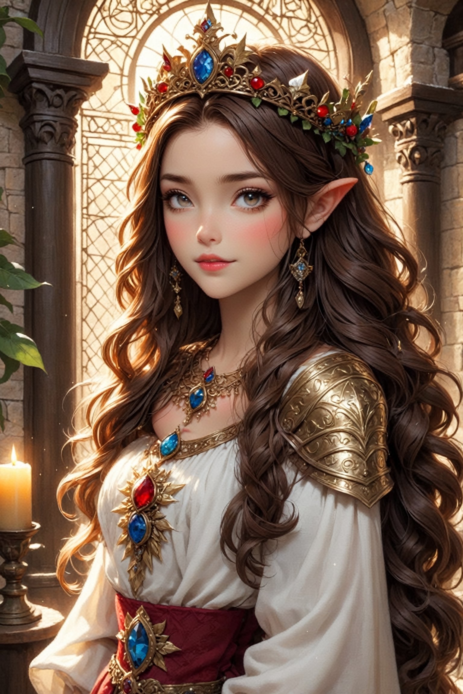 1Little girl, little queen,Wearing elegant blouse, (Sun Goddess Spiked Halo crown :1.2) ,
luxurious hotel, where girl reclines with supernatural elegance,Her alabaster skin and flowing hair contrast beautifully, while her crimson eyes exude mystery. Adorned in elegant attire, 
medieval inn with fantasy themes, featuring a fortress-like exterior adorned with ancient crests. Inside, a courtyard with gardens and a fountain welcomes guests, while the common room boasts a cozy fireplace and tapestries depicting mythical adventures,
,ct-niji2,w1nter res0rt,Christmas Fantasy World