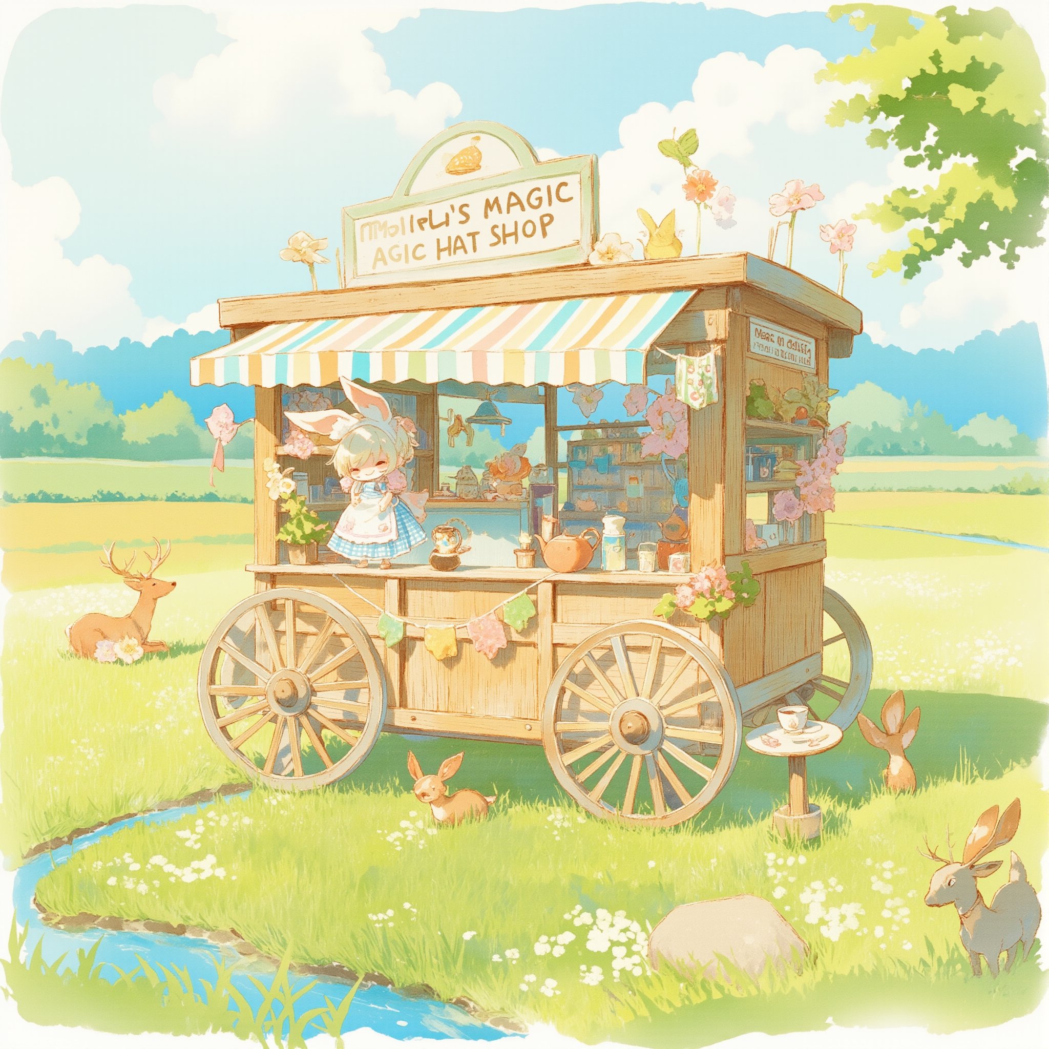 A warm and serene anime-style watercolor illustration. A lush meadow with wildflowers. A vintage wooden wagon converted into a quaint magic hat shop. Soft diffused sunlight creates a dreamy atmosphere.
A cheerful bunny-eared girl with fluffy white ears wears a pastel blue and white gingham apron. She stands behind the counter inside the wagon and smiles warmly.
Whimsical and colorful magic hats are on display, hanging from shelves and the wagon's awning,
Wagon details: floral-decorated wooden wheels, striped awning, hand-written "Maple's Magic Hat Shop" sign. A teapot and cups are placed on a small table for customers.
Surrounding nature: fluffy clouds, a nearby stream, butterflies, a family of deer watching from the edge of the forest. Gentle brushstrokes and soft colors accentuate the peaceful and magical atmosphere.rn,lyh,Japanese pattern