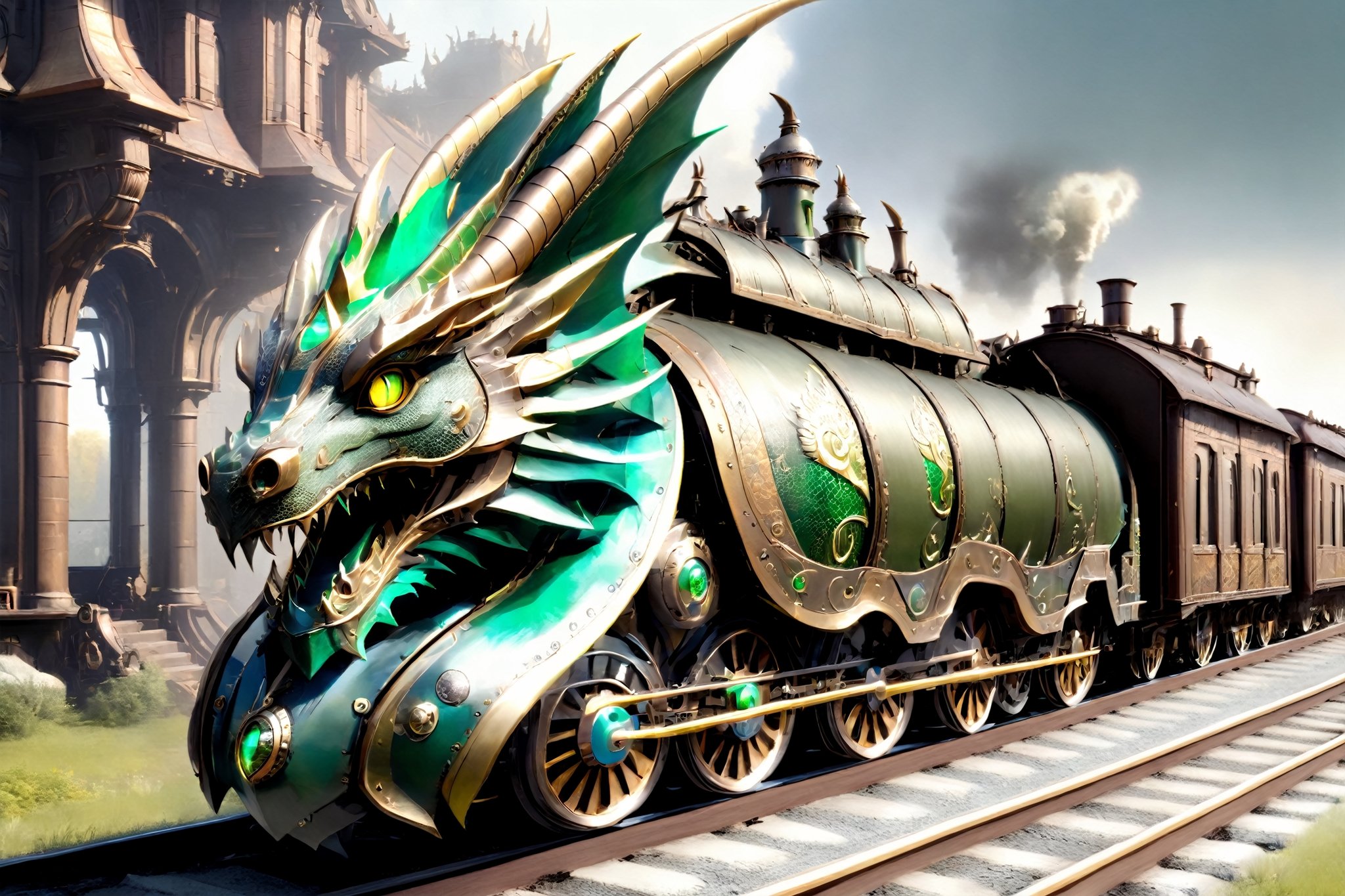 A formidable armored train inspired by the essence of dragons. Its exterior is adorned with intricate dragon motifs, intertwining with the steel structure like mythical guardians. The train's scales gleam with metallic hues, resembling the resilience of dragon hide. Towering turrets mimic draconic horns, emphasizing both strength and elegance. As the train thunders down the tracks, it carries an air of mythical power, a modern marvel fused with ancient legend.,dragon train,DonM3lv3sXL