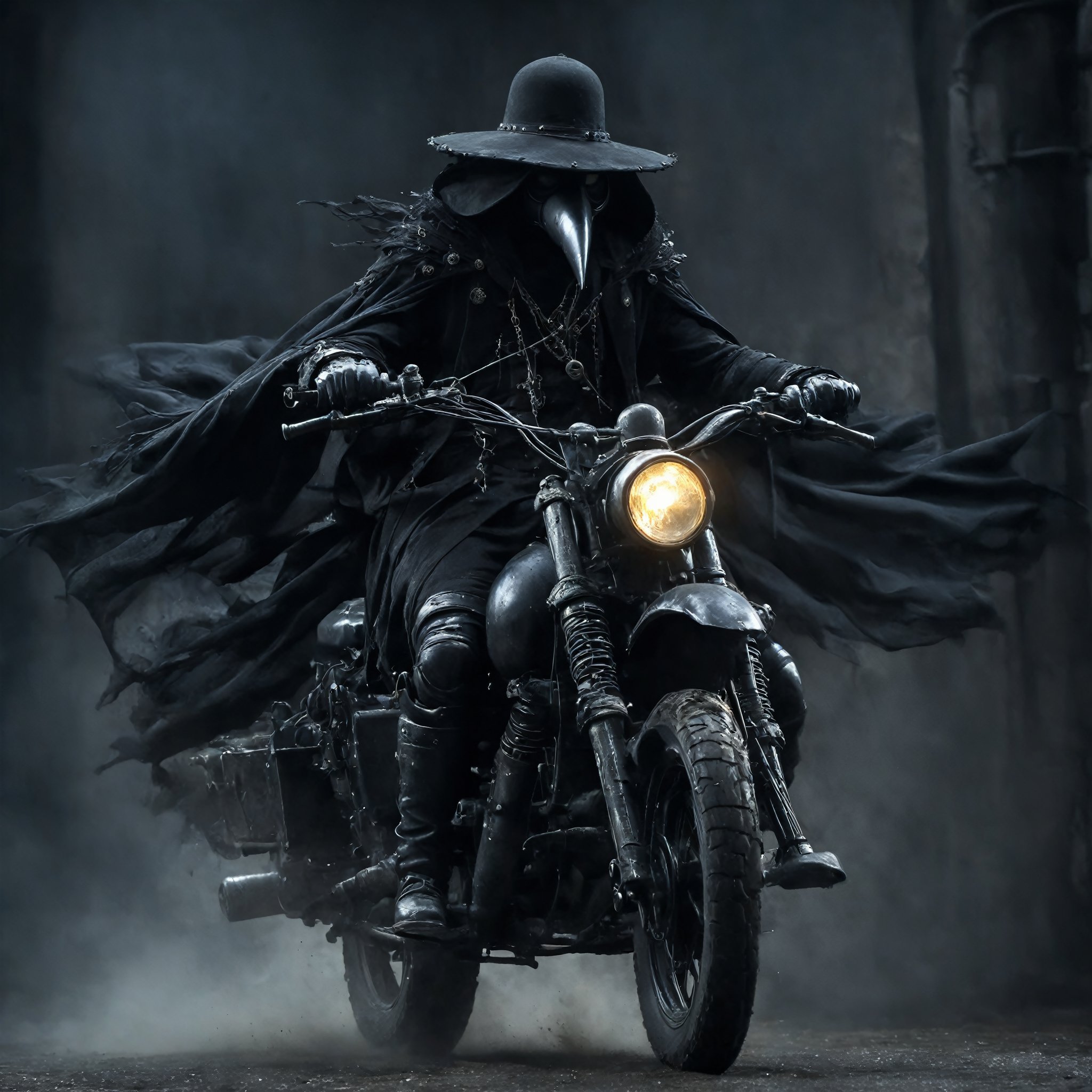 (motion blur effect),
Imagine a Gothic, classical motorcycle ridden by a plague doctor. The bike features an antique black finish with intricate silver detailing and wrought-iron filigree. The seat is rich black leather with tufted buttons, and the fuel tank has haunting gothic patterns. Lantern-style headlights emit a dim, eerie glow. The plague doctor, in his beaked mask and flowing cloak, creates a striking, otherworldly image, blending historical darkness with gothic elegance.,madgod,stop motion,horror,action shot