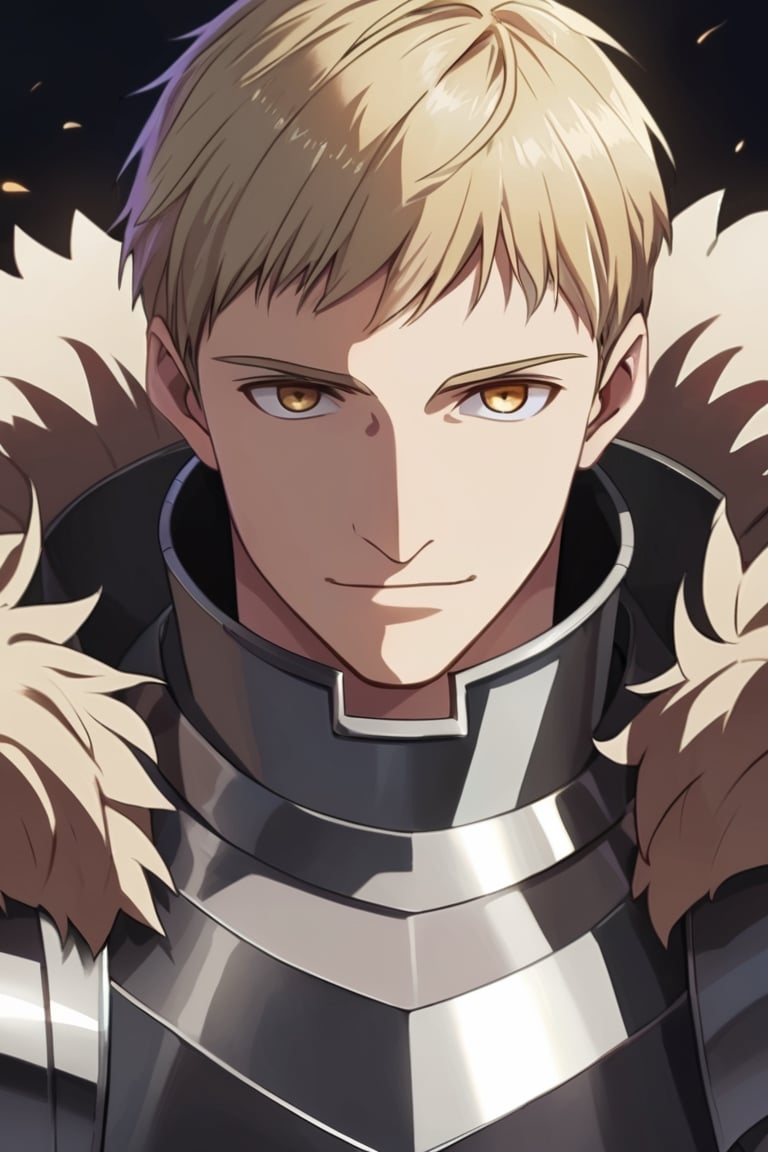 solo, 1man,He wears fur around his neck, laios,Short blond hair, golden eyes, soft smile, armor, breastplate, upper body, light smile,,laios