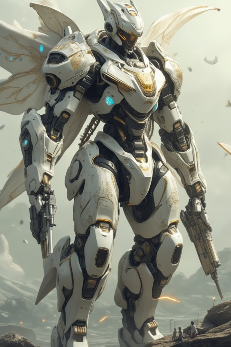 Colossal humanoid robot weapon, organic and exotic design. Predominantly white with gold accents. Flowing, curved armor plates resembling seashells or coral formations. Tall, elegant silhouette with elongated limbs. Golden filigree patterns etched into white surfaces. Multiple arms, some ending in energy weapons, others in delicate manipulators. Head features a crown-like structure with glowing blue sensors. Chest houses a pulsating golden energy core. Legs blend into a hovering base, suggesting levitation. Iridescent membrane-like wings or energy fields extend from back. Scale evident from tiny human figures near feet. Hyper-detailed textures, mix of smooth and intricate surfaces. Soft, ethereal lighting emphasizing curves and gold elements. Misty background suggesting alien world. 8K resolution, photorealistic render with slight concept art stylization.real robot,futurediff,noc-futuristic