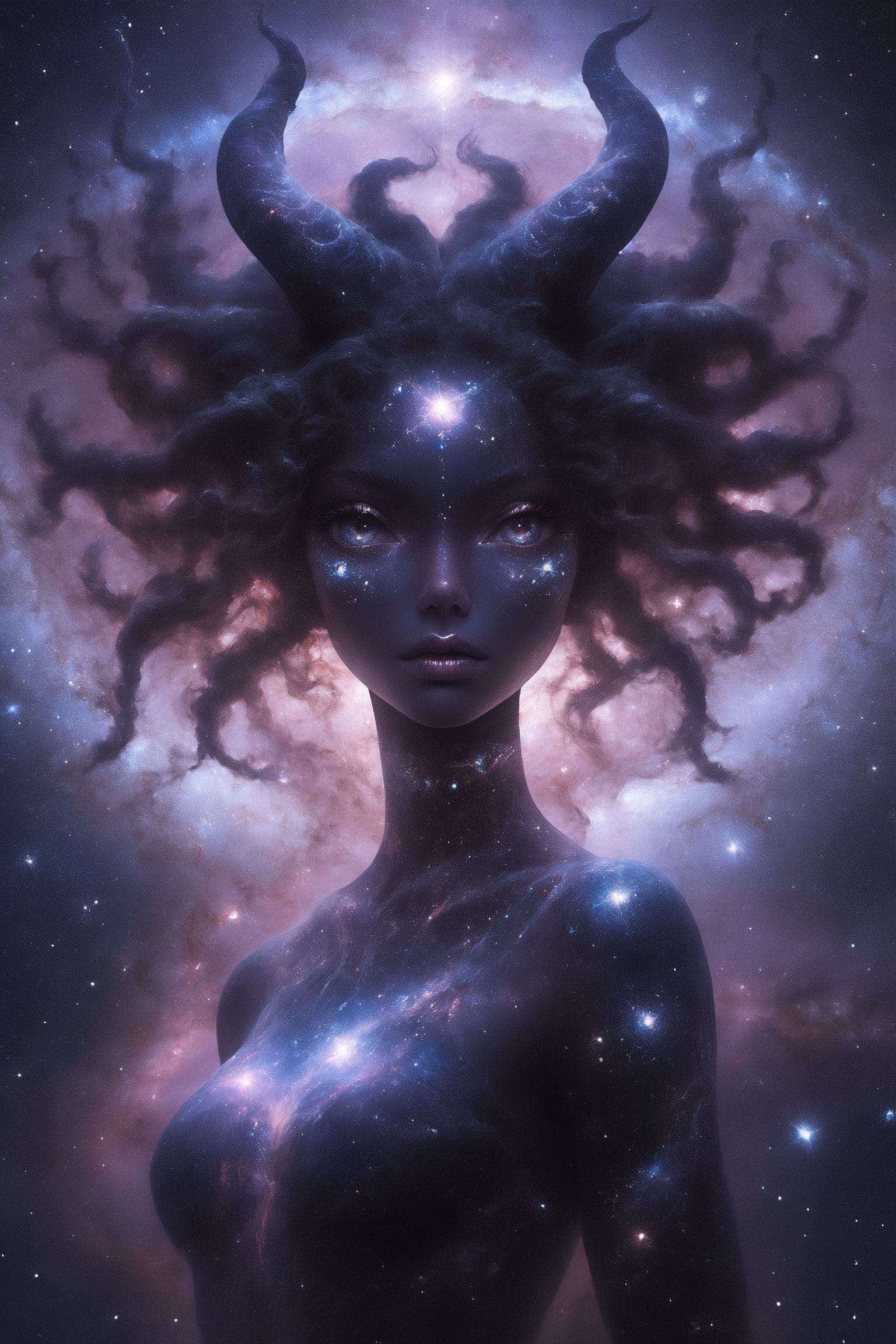 1 girl, (melanism), melanism demon girl,((slit pupil eyes)),solid black skin, mesh fishnet blouse,  (soft expression), Depth and Dimension in the Pupils, So beautiful eyes that Has deep clear eyes, detailed eyelashes,long intricate horns:1.2),Incredibly beautiful looks,girl entire body is overlaid with the cosmic wonders of outer space,Envision her seamlessly merging with galaxies, stars, and nebulae, creating a surreal and ethereal appearance. Capture the celestial glow and intricate cosmic patterns enveloping her entire figure. Optimize for a visually captivating composition that conveys the harmonious fusion between the woman and the vast beauty of the universe, resulting in a mesmerizing and otherworldly cosmic entity,