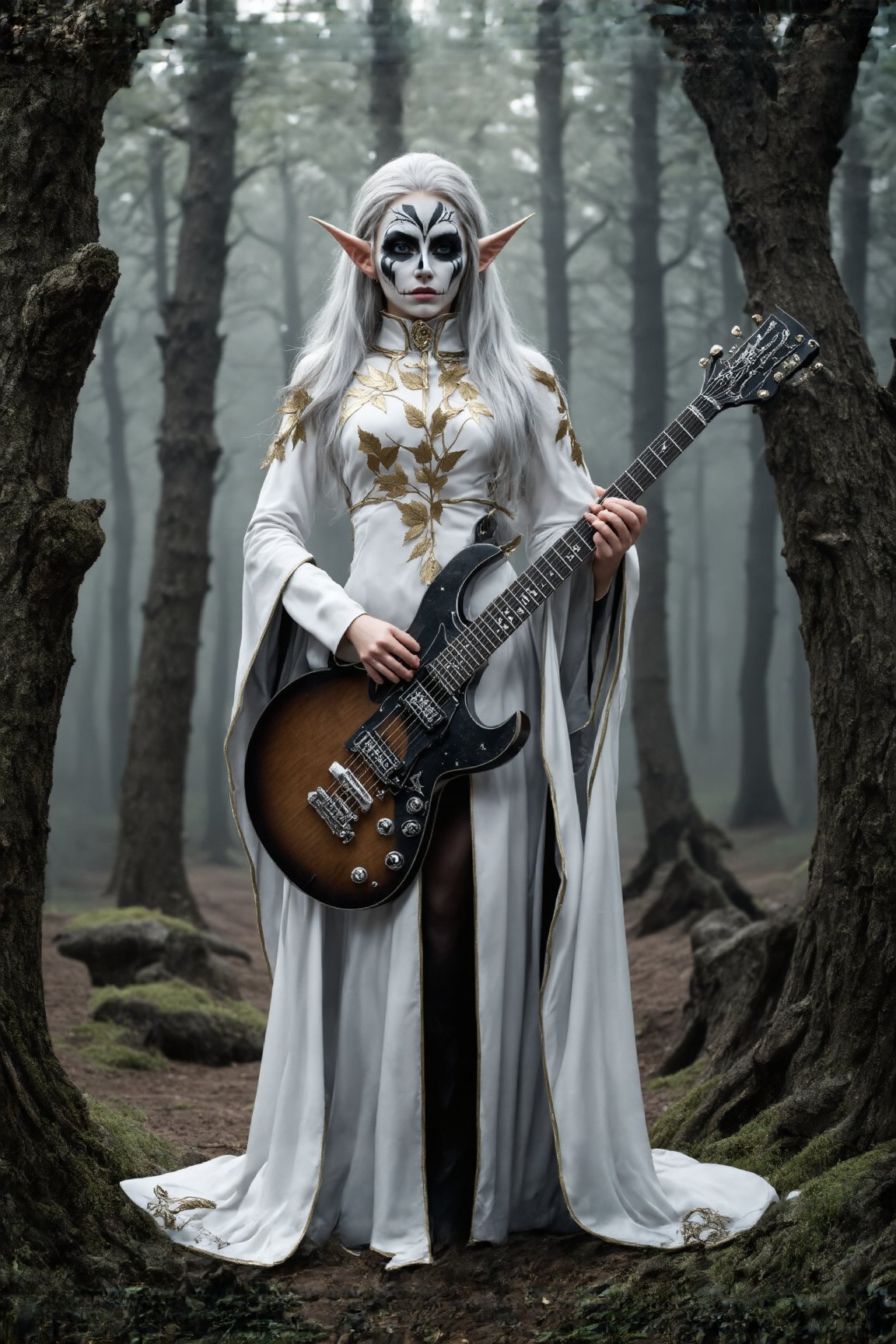 striking female elf,elf ear, stands center stage, embodying both ethereal beauty and dark majesty. She wears an ornate priestly robe in white and gold, its intricate embroidery depicting ancient elven runes and celestial symbols. The robe's high collar frames her face, accentuating her sharp elven features. Her face is adorned with elaborate corpse paint, stark white with black designs that highlight her otherworldly beauty and fierce expression. Long, silver hair cascades down her back, adorned with delicate golden leaves. In her hands, she wields a jagged electric guitar, its body crafted by master elven artisans. The guitar gleams with a dark, metallic sheen and is adorned with intricate carvings of mythical beasts. She stands on a misty forest stage, ancient trees looming in the background.