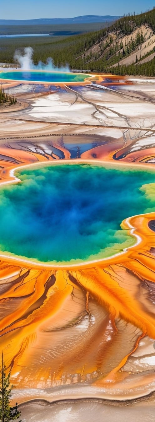 Grand Prismatic Spring,spouting up water
 erupting with vibrant hues of water. This iconic natural wonder in Yellowstone National Park dazzles the senses with its kaleidoscope of colors, ranging from vivid blues and greens to fiery oranges and reds. As the water gushes forth from the earth, it creates a mesmerizing display of beauty and power, casting shimmering reflections in the sunlight,ye11owst0ne