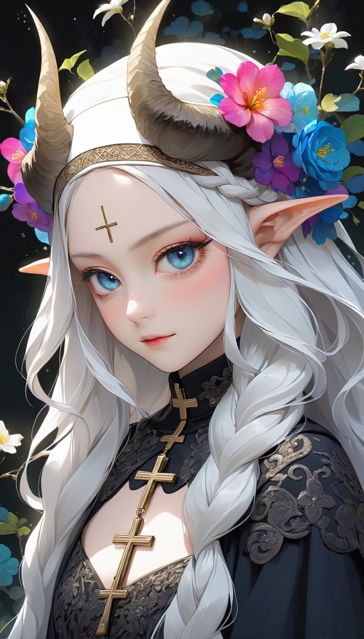 albino Demon Girl, (long intricate horns:1.2),Beautiful nordic girl, a nun adorned in a colorful and stunning floral-patterned habit,(pink wimple),
colorful scapulae,Cross,
Very long braided hair,colorful braided hair,radiating vibrancy and life.,Her attire exudes warmth and kindness, spreading serenity like a blooming garden. With elegant grace, ,mizuki shiranui,aesthetic portrait,ktrmkp,Realistic Blue Eyes,tlps