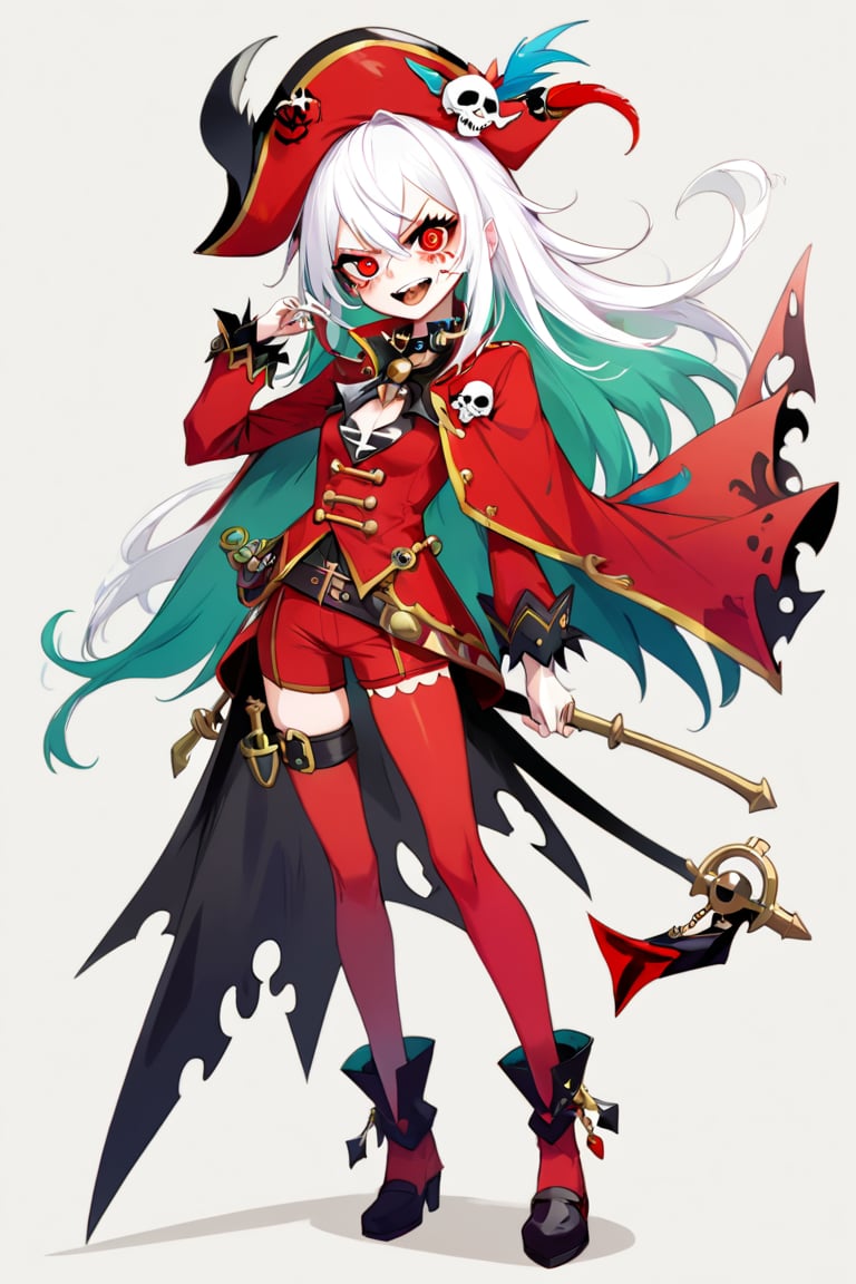  g hikorou style,
1Girl,Comical anime,evil female commander, pirate captain motif,Bright red suit, flowing cape, Long white hair, spiky bangs. Sharp eyes, mischievous grin with pointy teeth. Oversized pirate hat, eyepatch with skull design. Golden hook hand, ornate peg leg. Parrot sidekick on shoulder. Exaggerated hourglass figure, dynamic pose. Surrounded by cartoony effects. Cel-shaded style, bold outlines. Vibrant colors. 8K resolution, focus on facial features and outfit. Blend of villainy and comedic charm in anime aesthetics,
devilot_de_deathsatan