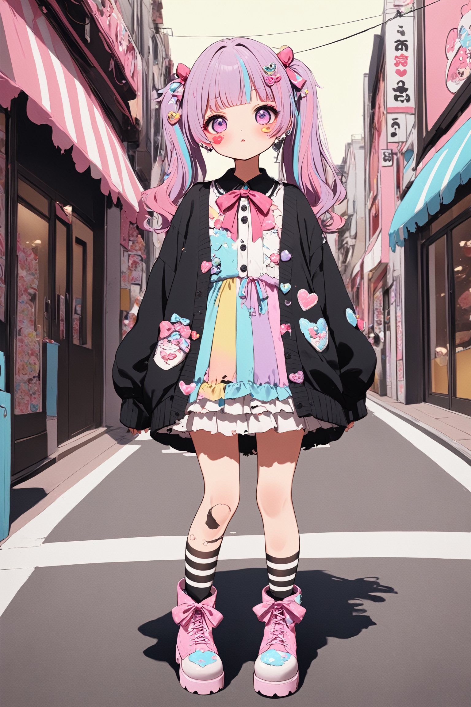 1girl,ultra cute,
Harajuku Style grunge fashion with kawaii and Lolita themes. She wears a distressed pastel dress with lace, an oversized torn cardigan, and chunky Combat boots, Her pastel-streaked pigtails are adorned with bows and clips, and her makeup features glitter and heart-shaped stickers. She stands in a vibrant Harajuku street, blending sweetness with a rebellious edge.,Ground Mine Girl