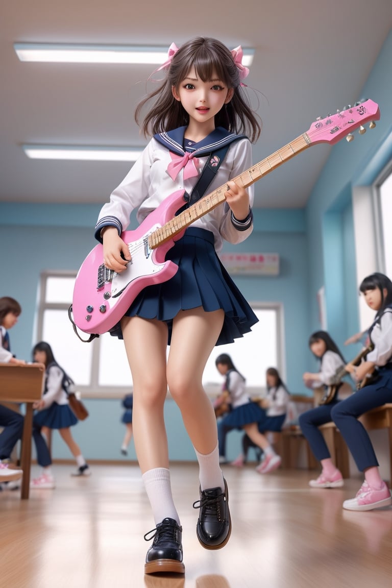 ultra realistic,
Kawaii high school girl, half-Ukrainian and half-Japanese, wearing a sailor suit, pink loose socks, leather shoes, ((girl happily playing the electric guitar)), Japanese school classroom,JK Uniform,action shot