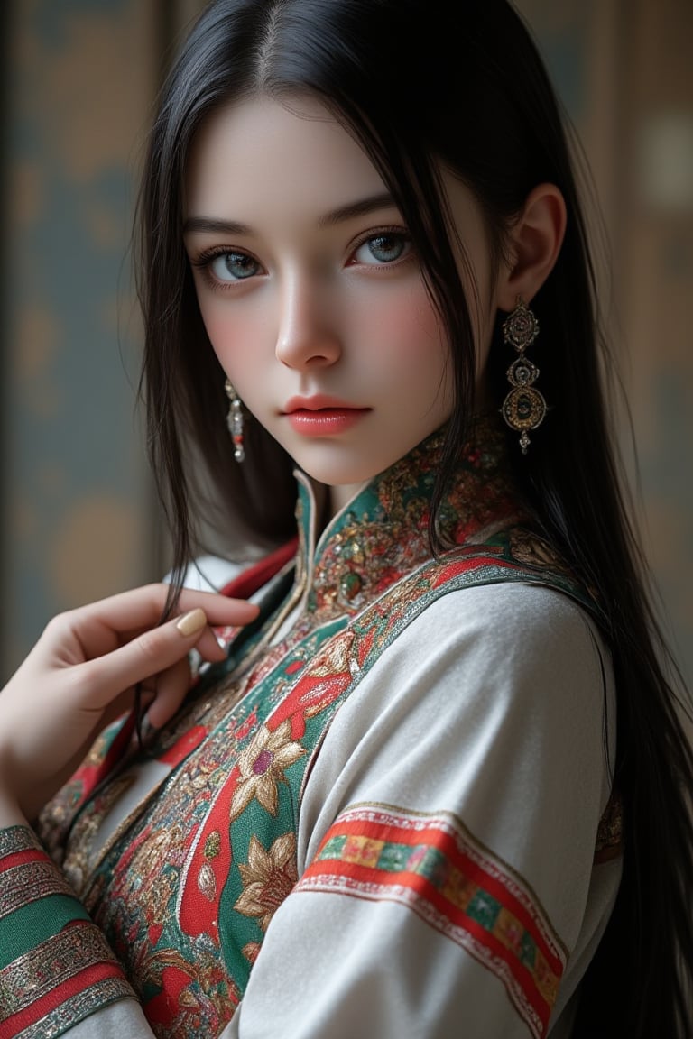 Super detailed, super realistic, beastly,beautiful Nordic girl,
 wears old folk costume, long straight black hair, Yakuts folk costume,(beautiful blue eyes), almond eyes, intricate textile decorated with colorful and intricate geometric patterns, arm ornamentation, decorative embroidery.
Beautiful crystal blue eyes, almond eyes, intricate fabrics decorated with colorful and intricate geometric patterns, clothes in earth colors such as White red and green,,aw0k euphoric style, ,perfect likeness of TaisaSDXL,dal,ct-identityV2