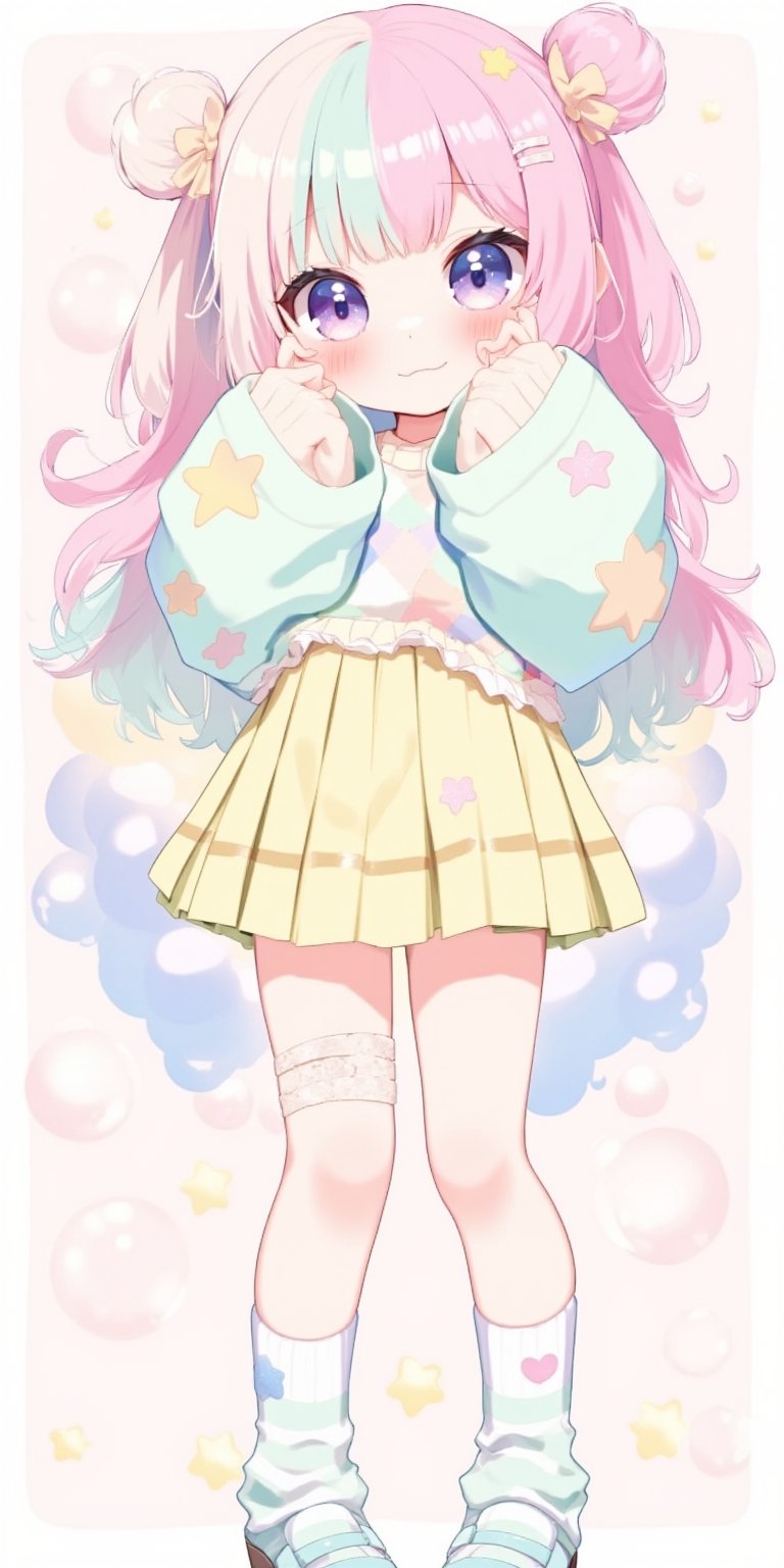 1girl,Cute anime-style Vtuber girl, big expressive eyes. Split hair color: pastel pink on right, mint green on left, long wavy style. Kawaii pastel fashion: oversized sweater with star patterns, pastel yellow pleated skirt. Extra-long sleeves covering hands, creating cute smiling,Thigh-high striped socks, pastel blue mary jane shoes. Patchwork stitching visible on face and body, giving a doll-like appearance. Small bandages on cheeks. Detached sleeves with ribbons. Heart-shaped hair clips. Soft, dreamy background with floating bubbles and stars. Pastel color palette throughout. Slight blush on cheeks. 2D anime art style with clean lines and soft shading. High detail, 8K resolution.