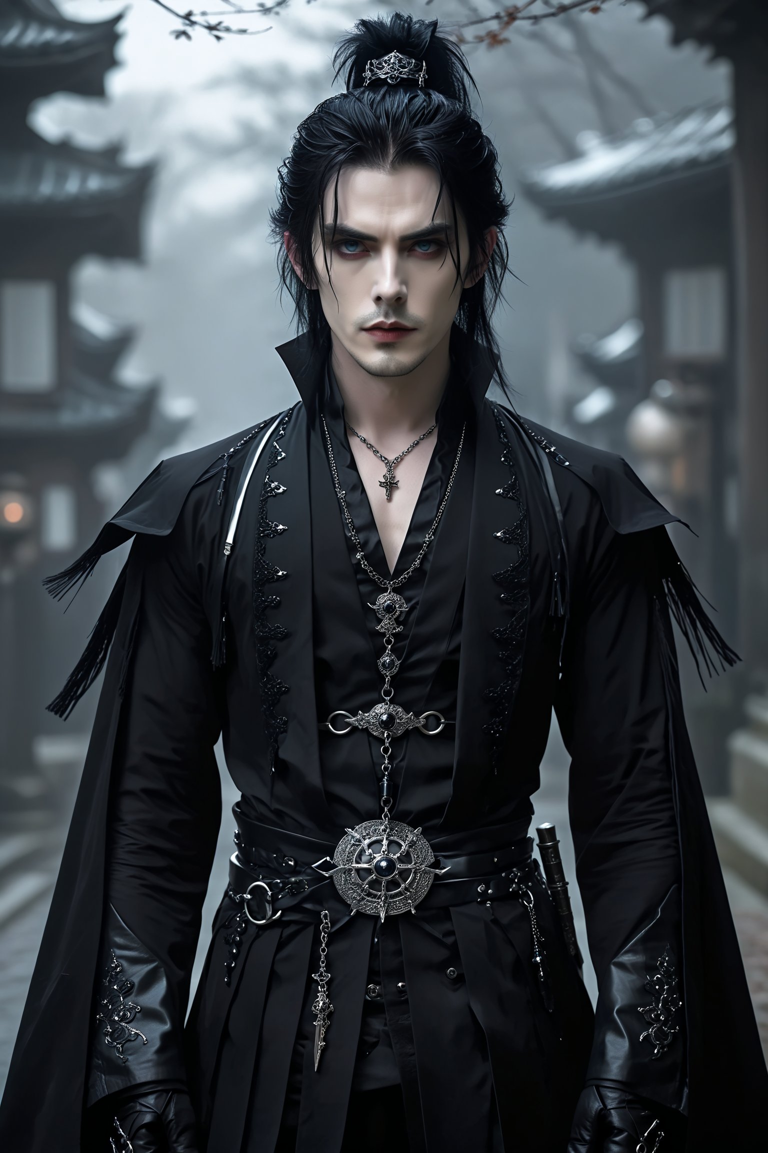 1man,((strikingly handsome French man)), Japanese-inspired gothic horror fashion, deep-set blue eyes and a strong jawline, and a modernized black kimono-style jacket that opens at the chest to reveal her pale skin. button. Tight black leather pants and platform boots with silver buckles. His ears have multiple piercings, including dangling earrings shaped like lanterns. Dark and smoky eye makeup emphasizes his gaze,.,goth person,black cloak,grey hair,male focus