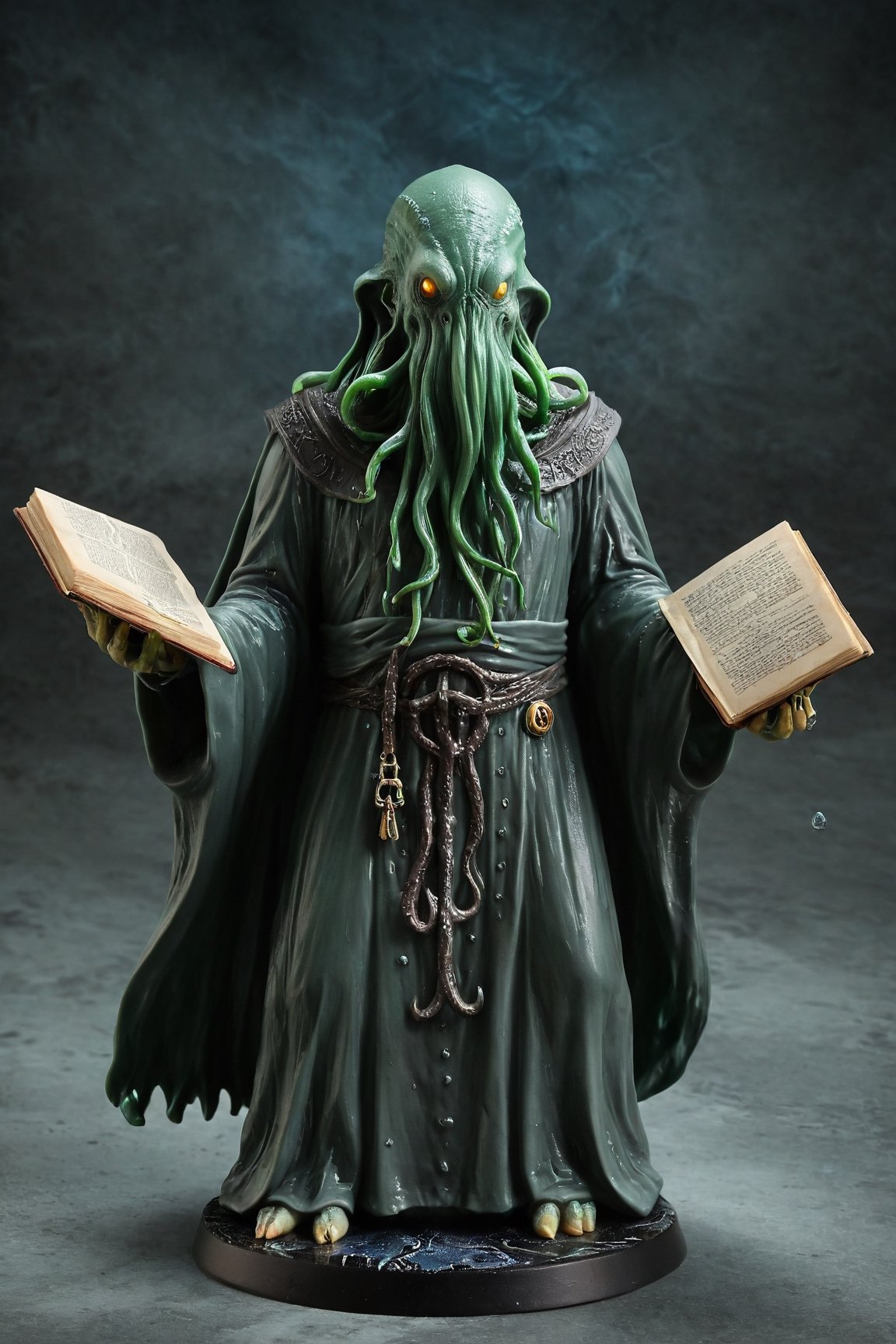 Missionary Cthulhu,emerges from the depths with an otherworldly aura, blending the devout zeal of a missionary with the unfathomable terror of Cthulhu. Cloaked in tattered robes adorned with symbols of ancient cults, it carries a tome filled with forbidden knowledge and dark prophecies. Its eyes glow with an unearthly light as it spreads its message of cosmic dominion to the far corners of the earth. With each step, it leaves behind a trail of madness and despair, converting the unsuspecting into fervent followers of the eldritch faith. The Missionary Cthulhu is a harbinger of doom,LegendDarkFantasy,action figure