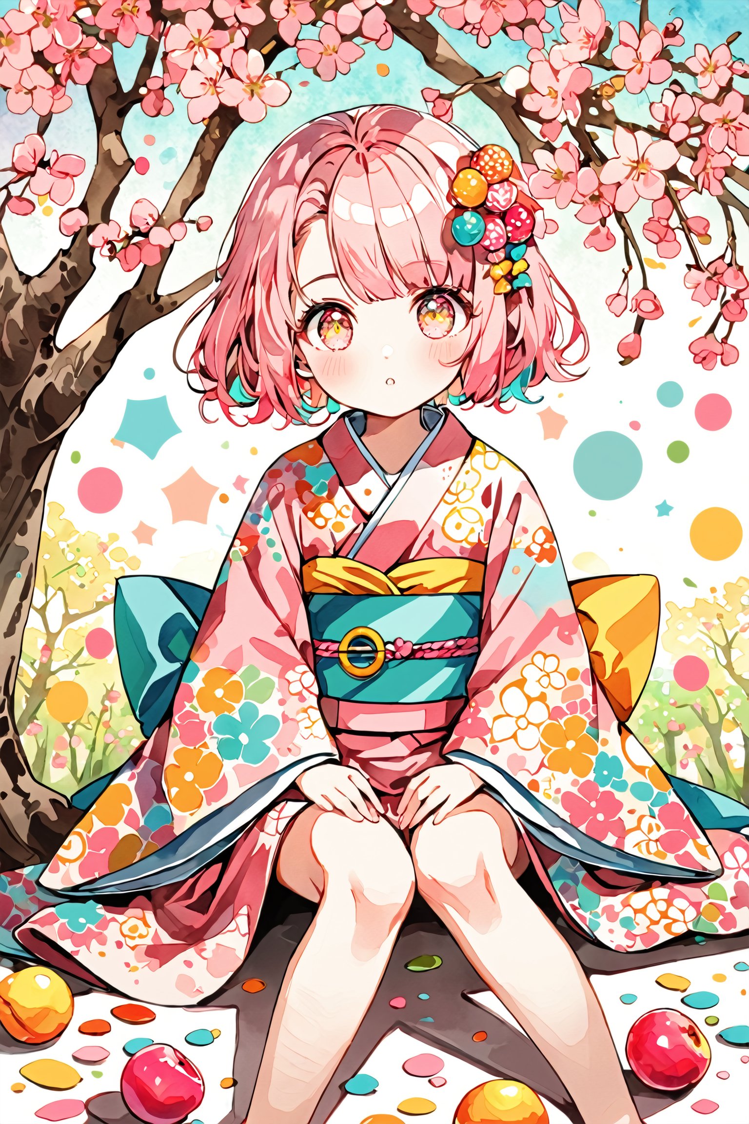 children's doodle style,
Colorful pop art, candy pop, lollipop punk, brightly colored berry beans, Konohanasakuya-hime seated gracefully beneath a blooming peach tree. She wears a traditional kimono with soft pink and white floral patterns, her hair adorned with fresh blossoms,dal-6 style,Color Splash,dramaticwatercolor,aihoshinopose