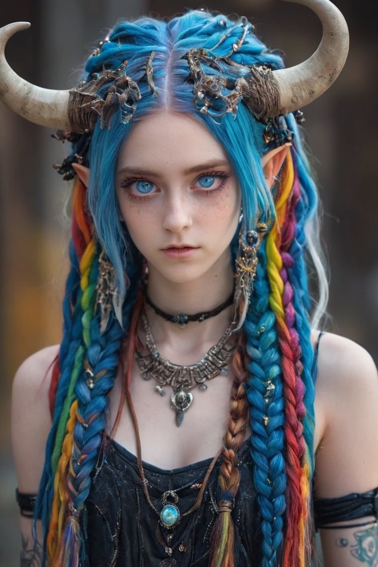 ultra Realistict, demon girl, (Complex Longhorn) ,crazy alternate hairstyle, amazingly intricately (dreadlocks) hair,colorful color hair, each braid painstakingly created,decorated with delicate accessories and beads,aesthetic,Beautiful Blue eyes, ,Rainbow haired girl ,bj_Devil_angel,dal-1