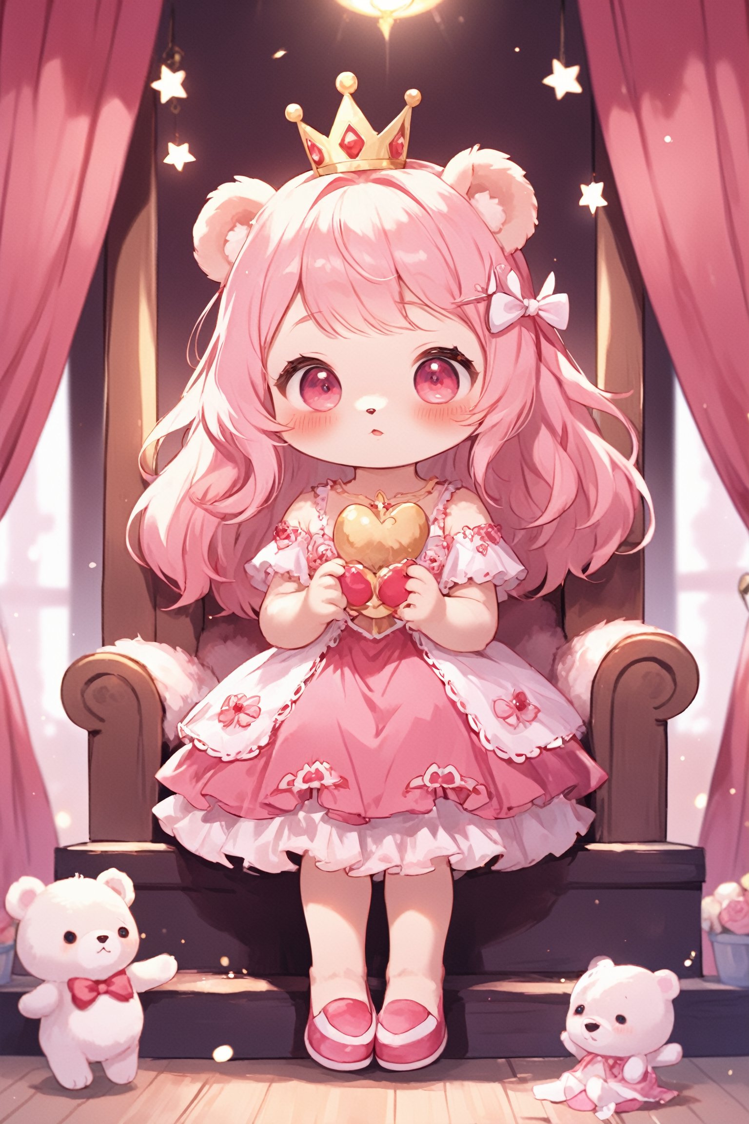 Prompt: Magical POP illustration,cute little Teddy bear,pink loli  dress,Beautiful embroidered dress,furry girl,Deformed,
sitting on the throne,
crown_nikke