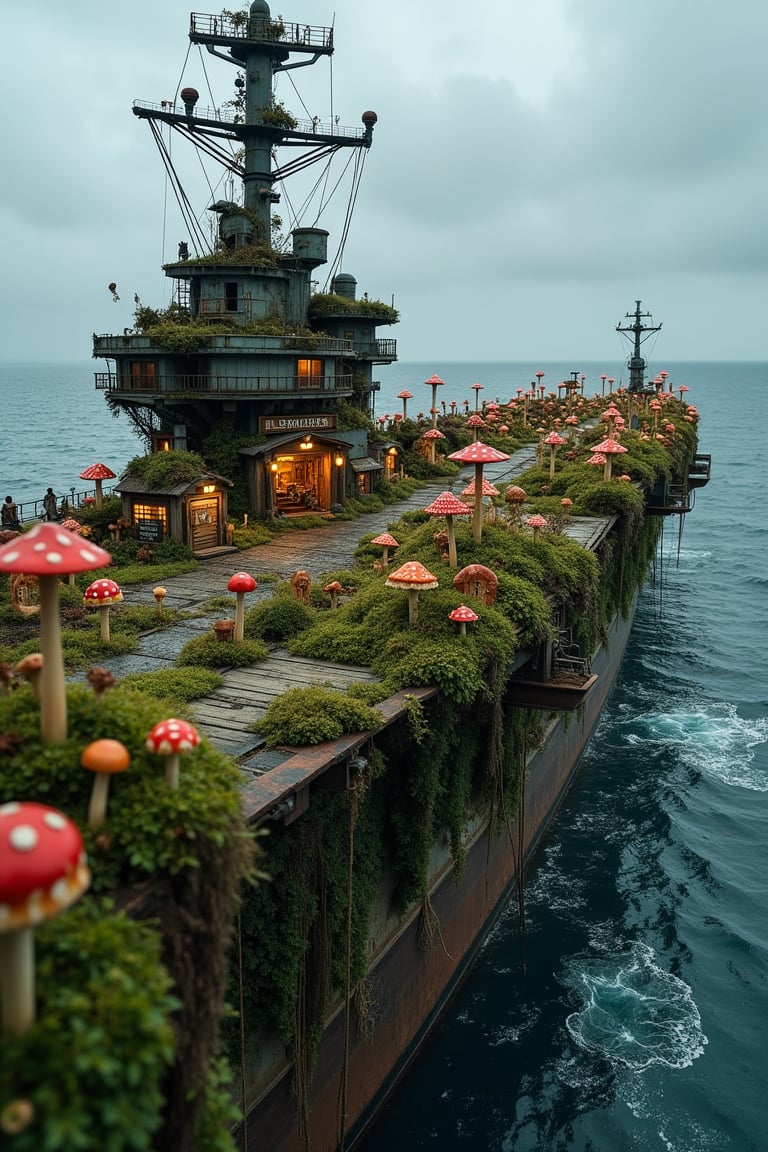 Abandoned aircraft carrier transformed into a whimsical fairy village. Moss-covered flight deck now a bustling marketplace with mushroom stalls and flower petal awnings. Tiny homes crafted from repurposed aircraft parts dot the deck, Fairy lights strung between miniature lampposts made from shell casings,There is a small board for departures on the side,

Below deck, cargo holds converted into grand halls with acorn thrones and dewdrop chandeliers. Engine rooms now house magical workshops, gears repurposed for pixie-powered inventions,

Carrier's island serves as a lookout tower, draped in vines and topped with a glowing crystal beacon, Elevators retrofitted as transport for flying creature,

Bioluminescent plants illuminate the village at night, casting an ethereal glow. Ocean laps gently at the carrier's rusted hull, now a haven for merfolk and sea sprites.