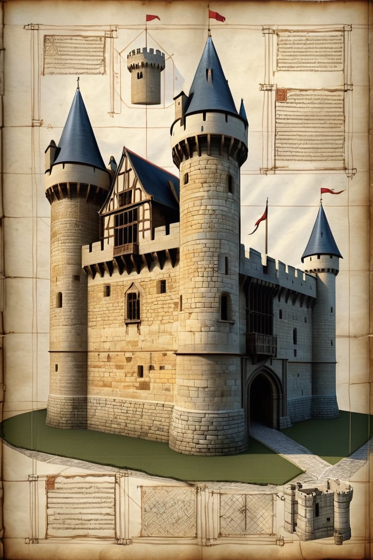 realistic,
A detailed digital manuscript of a medieval castle's architecture, with a focus on its defensive structures, including siege machinery. The castle is formidable with high stone walls, fortified gates, and multiple archer towers. The blueprint showcases cross-sections of the walls revealing their thickness and construction, with battlements for archers. Siege engines like catapults, ballistae, and trebuchets are strategically positioned along the walls. The central keep is robust, with a great hall and a lookout tower. Surrounding the castle is a moat with a drawbridge. Annotations describe the functionality of each defense mechanism, the materials used, and historical context. The image is set against a parchment-style background, with a technical and historical drawing aesthetic, including notes in an old script font. The lighting is from torches and braziers, casting dramatic shadows and emphasizing the strength of the fortifications,bl3uprint