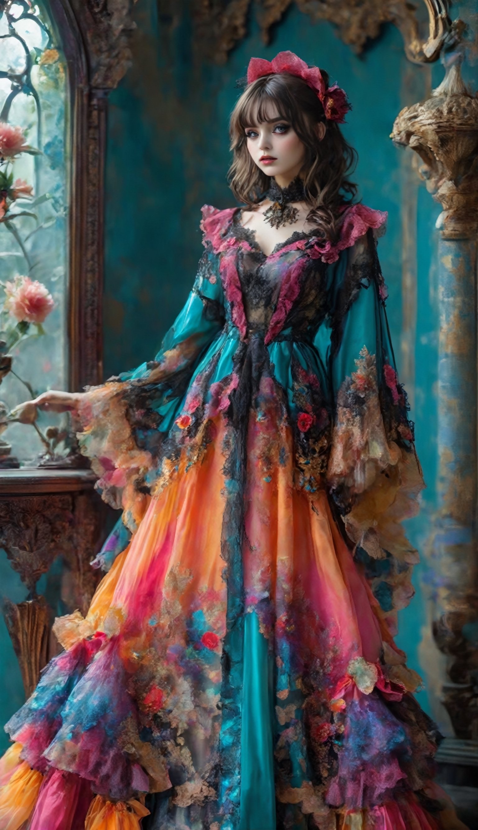 Imagine a Gothic Lolita-inspired Kaftan dress, adorned with opulent details and vibrant hues. This fusion of styles brings forth an exquisite garment where the flowing silhouette of the traditional Kaftan meets the elaborate and intricate embellishments characteristic of Gothic Lolita fashion. The dress boasts a mesmerizing interplay of colors, enhancing its overall flamboyant and captivating appearance. This unique blend creates a fashion statement that seamlessly merges diverse influences into a singular, enchanting piece.,Princessdress,real_booster
