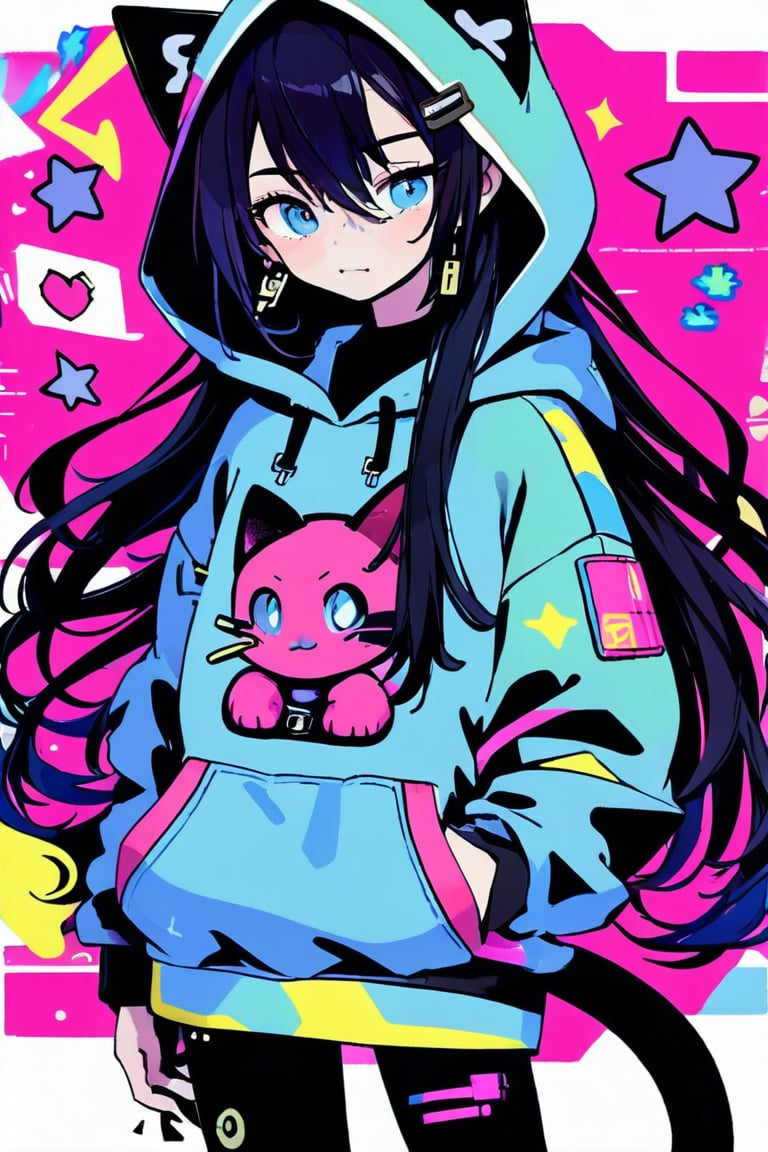 vtuber,1girl, cute anime characters,Beautiful blue eyes,asymmetric bangs,candy punk Fashion,Hooded hoodie shaped like a cute kitten,cat ear hood,Pastel colored clothes based on blue and pink,Pastel Emo Fashion, Anime Print Shirt,Gothic Style tights, long military boots, score_7_up,dal-6 style,pink-emo,emo, art nouveau,vspop,flat style,hand drawn,ek_an1_b00ster