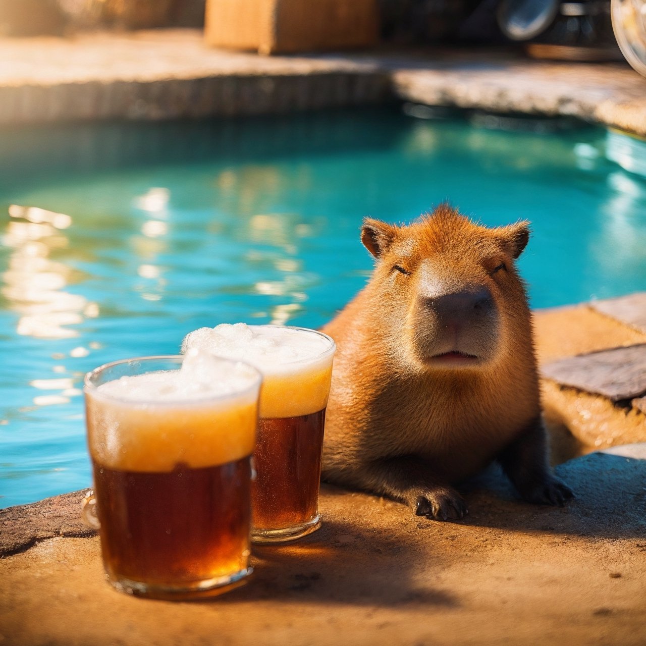 cute capybara with beer, cinematic, hyper realism, high detail, octane render, 4k ,capybara, hot spring, realistic,