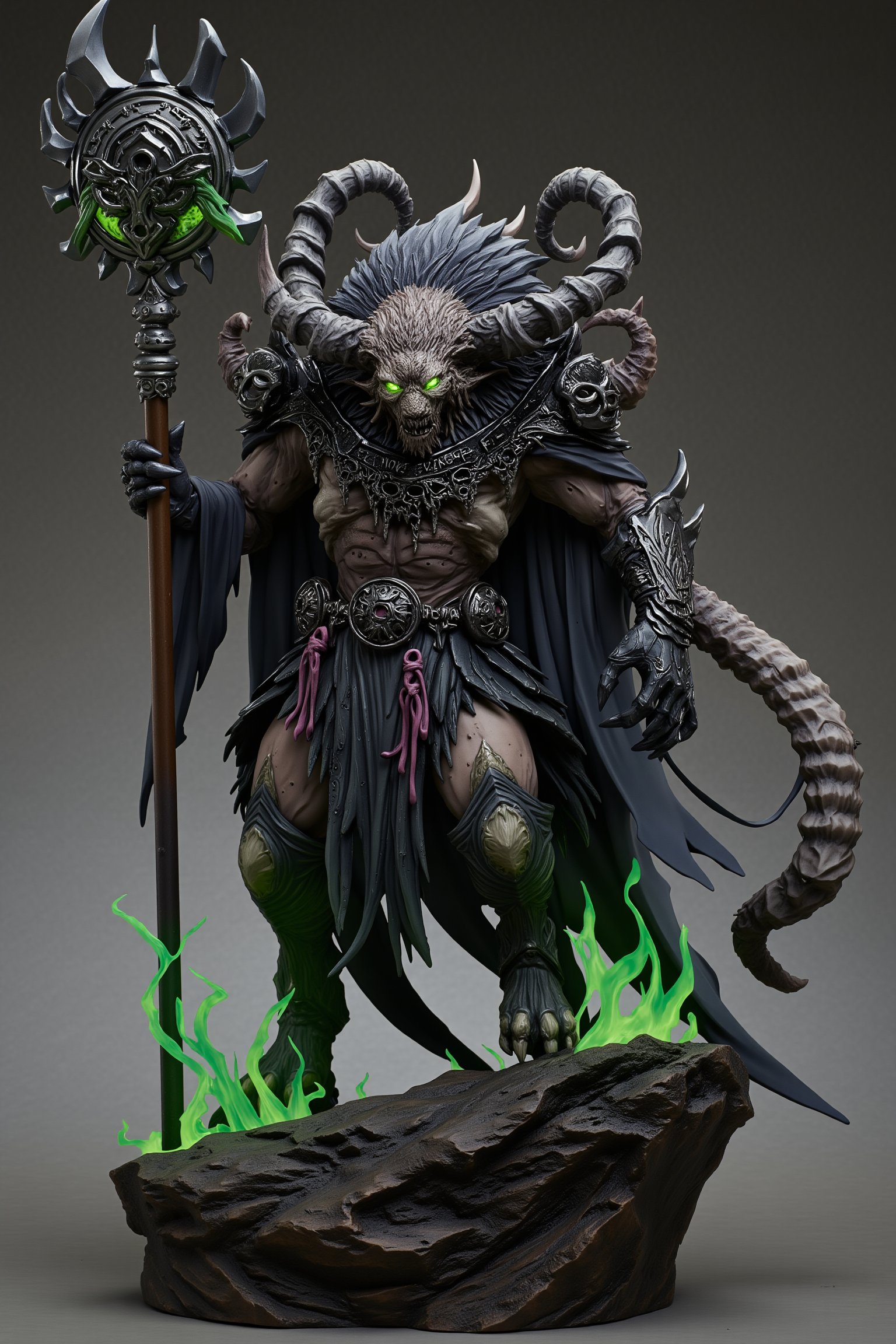 pvc figure,
 towering, demonic creature with the body of a muscular beast, draped in tattered, rune-covered robes. Its grotesque head features multiple twisting ram horns, sharp fangs, and hollow eyes glowing with dark magic. The creature wields a massive, sinister staff topped with a chaotic, glowing symbol. Its clawed hands and hooved legs are covered in patches of decaying skin and fur. A long, segmented tail, ending in a sharp spike, curls menacingly behind it. The entire figure exudes an aura of dark sorcery and ancient evil, standing over a ruined, magical battlefield.",Skaven,An anime pvc figure of <...>,assassinkahb style