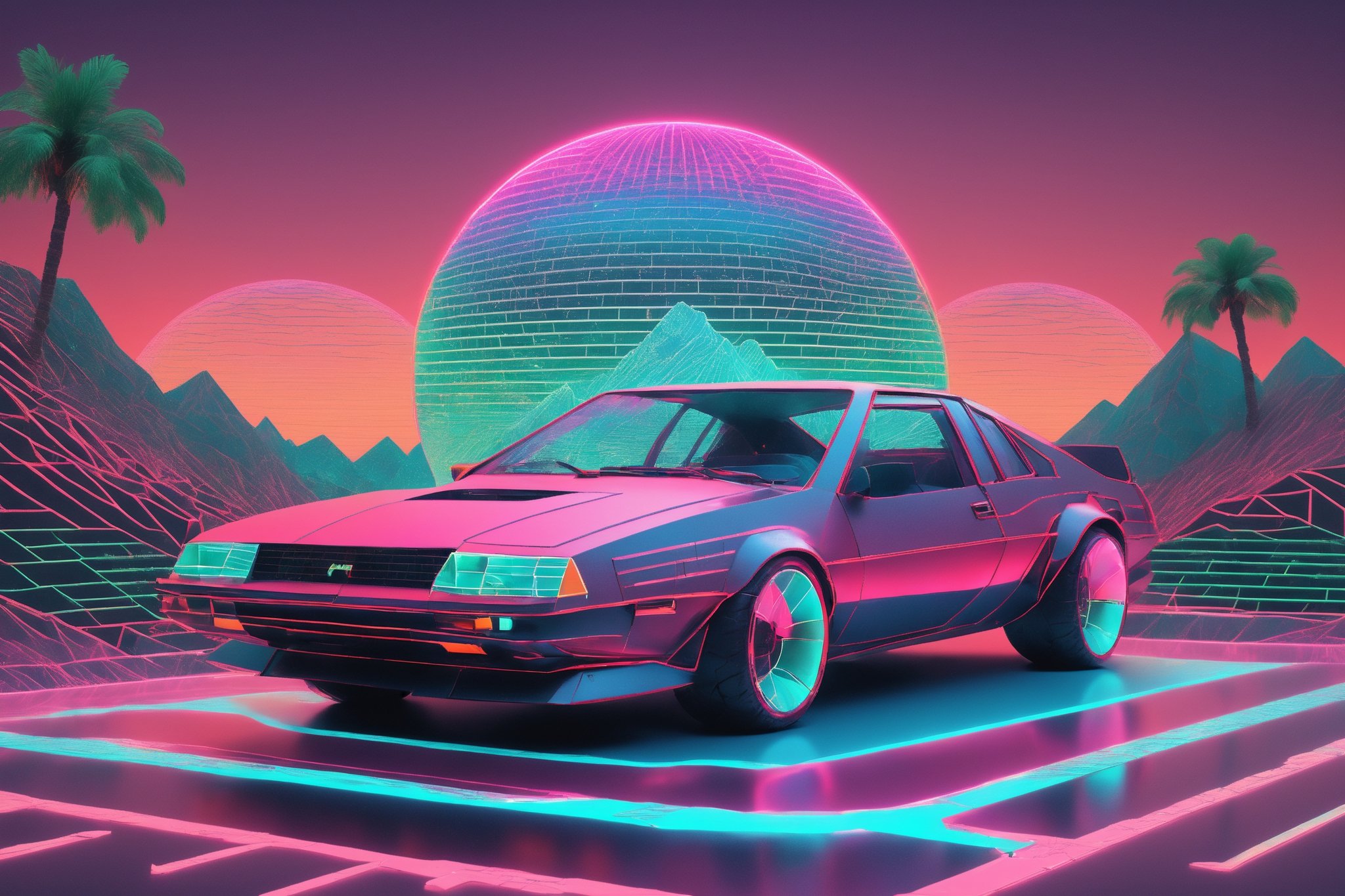 (Vaporwave),
1980's wireframe Retro CG style,Logic hologram wireframe World,
(wireframe hologram Mountain),(hologram wire framered Rising sun),hologram Palm tree,hologram muscle car,
,3D Mesh,3D mesh digital Matrix,Clear Glass Skin,GLASS,Matrix code,Amidst the dynamic world of 3D design,retropunk style