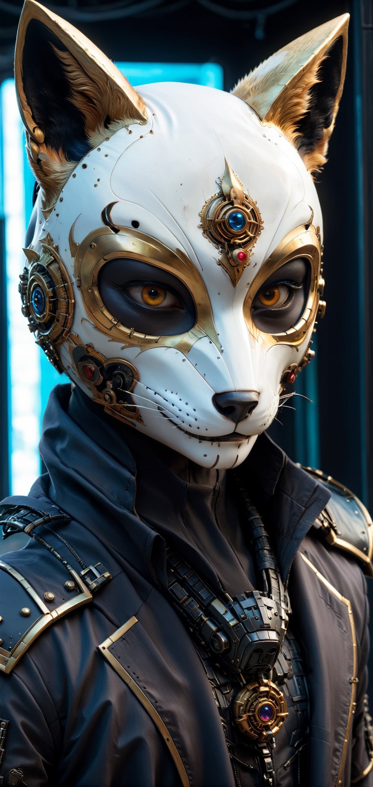 extremely detailed, hyper realistic, Cinmatic,
(Wearing ultra detailed FOX MASK:1.5),standing under mooligh, More Detail, ultrarealism, cinematic, ultra high definition, hyper realistic,Cyberpunk,demonictech,more detail XL,Obsidian Enigma Art Style,Cybermask,Extremely Realistic