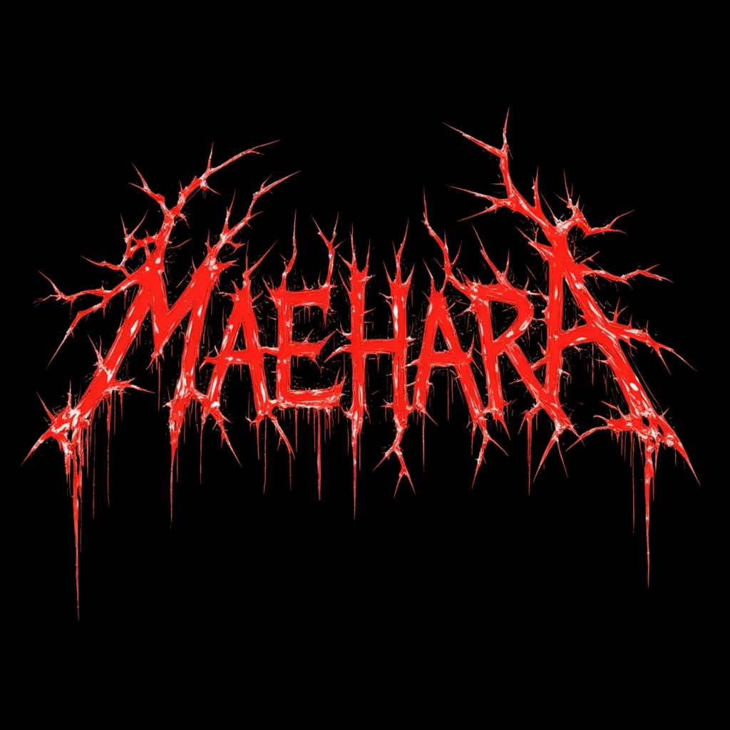 Extreme death metal logo design for the band name "MAEHARA". Highly complex and bloode red text on pure black background,Sharp, jagged, and elongated letter forms resembling thorny branches or lightning bolts. Symmetrical composition with extensions above and below. Dripping, melting effect on some letters. Incorporates spikes, serrated edges, and barbs throughout. Gothic and occult aesthetic with a hint of biomechanical elements. Perfectly balanced negative space between letters. High contrast black and white design without any gray tones. Evokes a sense of darkness, aggression, and otherworldly menace.