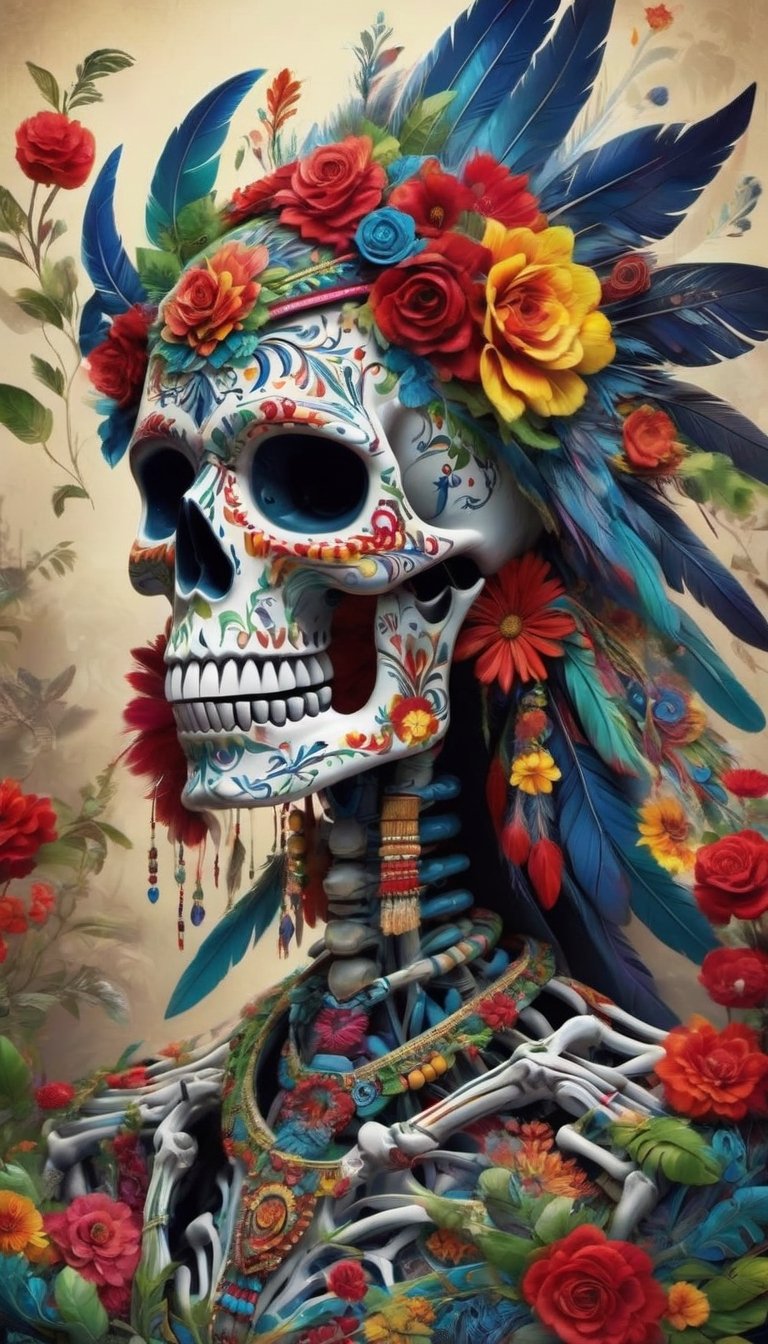 Imagine god of death,holy creature born, stunning skeleton adorned in the vibrant motifs of Mexican culture, inspired by the traditions of Dia de los Muertos. Painted with intricate designs in bold colors like red, blue, yellow, and green, its bones come to life with floral patterns and symbolic imagery. Adorned with flowers, feathers, and beads, this ornate skeleton pays homage to Mexico's rich cultural heritage and celebrates the beauty of life and death.,skll,LegendDarkFantasy,Decora_SWstyle