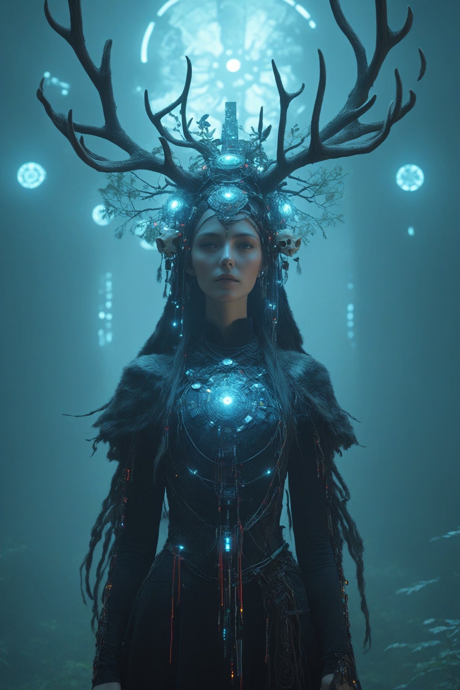 A cybernetic shaman girl with a large elk skull on her head, strange LED decorations entwined with dead branches, a mysterious and colorful Celtic shaman's costume, the girl is surrounded by a mysterious and electronic aura,extremely detailed,circuitboard