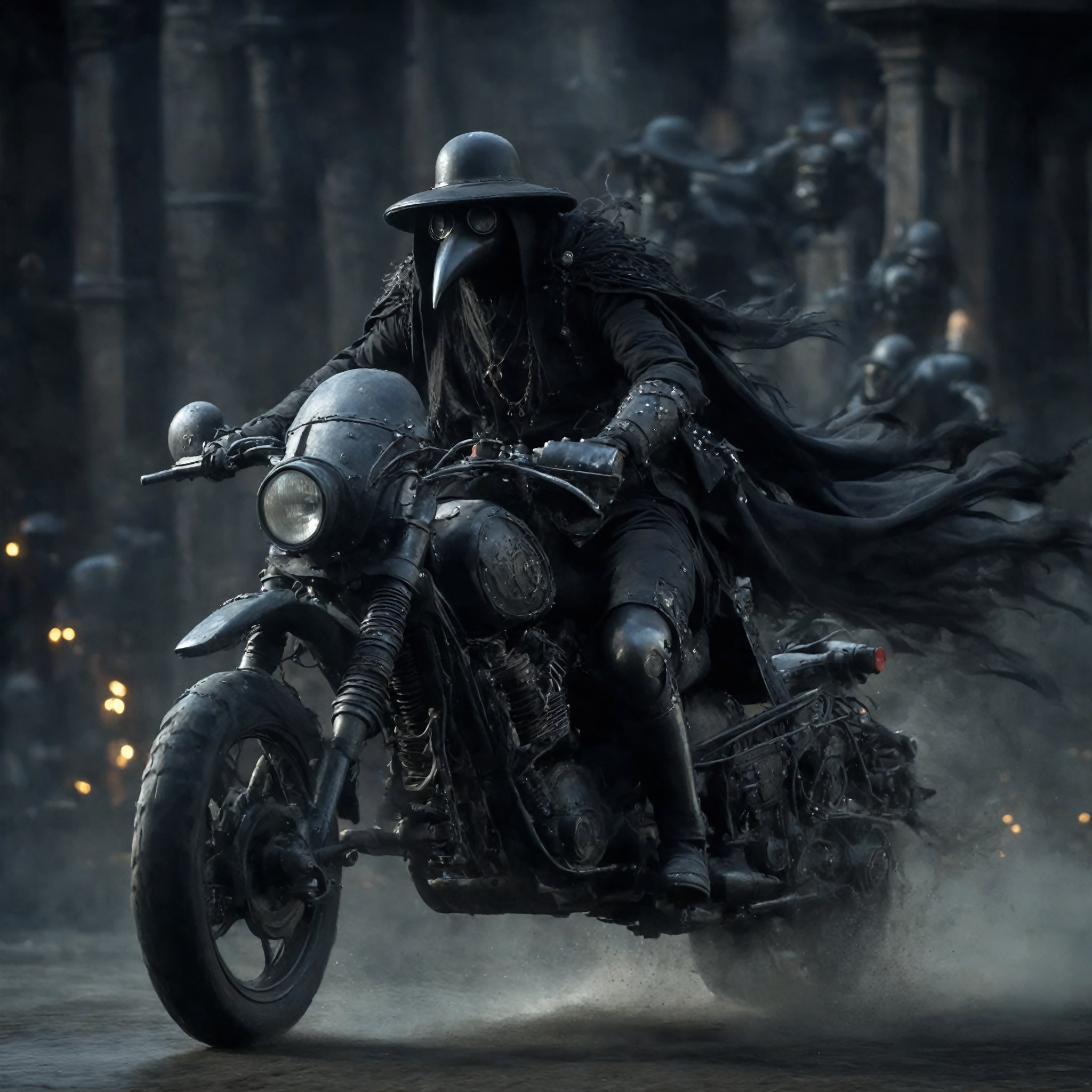 (motion blur effect),
Imagine a Gothic, classical motorcycle ridden by a plague doctor. The bike features an antique black finish with intricate silver detailing and wrought-iron filigree. The seat is rich black leather with tufted buttons, and the fuel tank has haunting gothic patterns. Lantern-style headlights emit a dim, eerie glow. The plague doctor, in his beaked mask and flowing cloak, creates a striking, otherworldly image, blending historical darkness with gothic elegance.,madgod,stop motion,horror,action shot