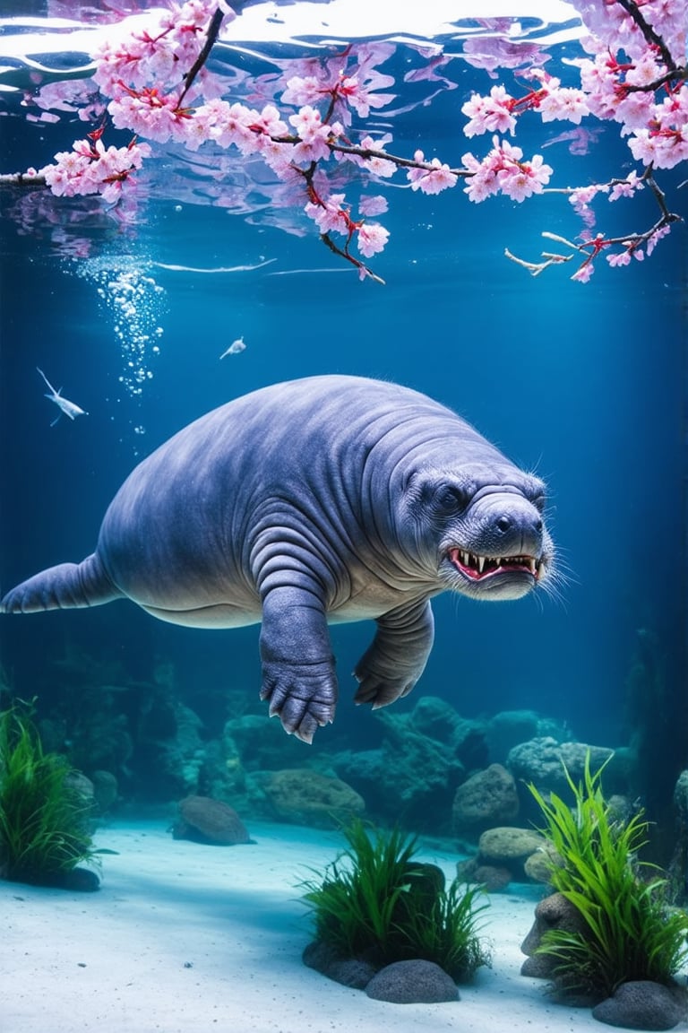 A large manatee floats gracefully in a spacious aquarium tank. Its grey skin is adorned with intricate Japanese-style tattoos. On its back, a fierce oni (Japanese demon) mask is inked in bold red and black, with golden accents highlighting its horns and teeth. Delicate pink cherry blosssom branches with drooping flowers stretch across the manatee's sides, creating a beautiful contrast to the oni. The tattoos appear to shimmer and move with the manatee's skin as it swims. Crystal-clear water surrounds the creature, with small bubbles rising. Soft blue lighting illuminates the tank, enhancing the tattoos' colors. Other fish dart around the manatee, some pausing to investigate the unusual sight. Aquarium 