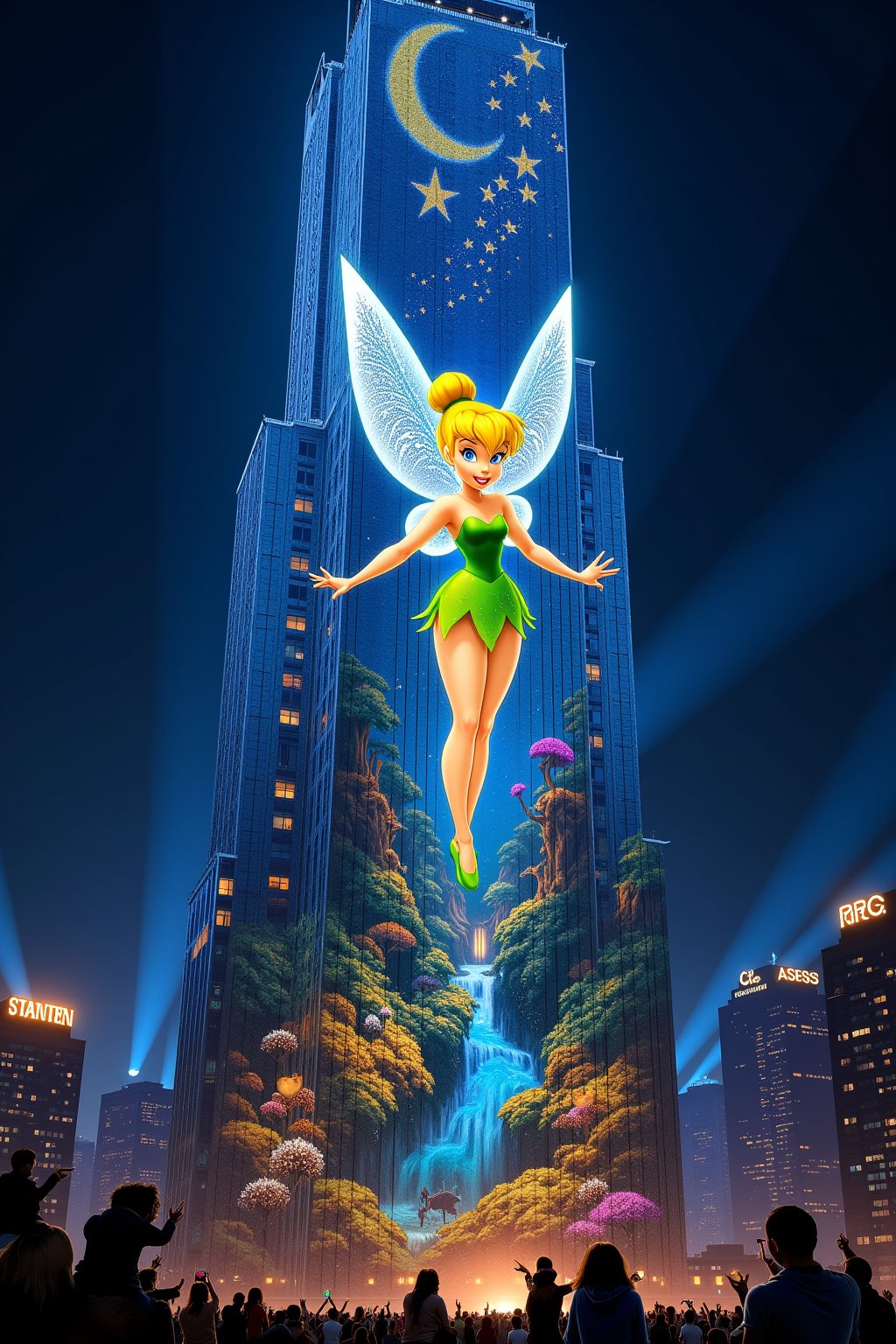 Colossal concrete skyscraper at night, its entire 100-story facade transformed by cutting-edge projection mapping. Animated Tinkerbell, 50 feet tall, pirouetting gracefully across the building's surface. Her gossamer wings span 30 feet, shimmering with iridescent blues and purples. Golden pixie dust trails behind her, creating intricate, swirling patterns that morph into blooming flowers and fluttering butterflies. Tinkerbell's blonde hair flows as she dances, her green dress sparkling.
The projected background shifts from an enchanted forest with towering trees and glowing mushrooms to an underwater scene with shimmering fish and coral. Twinkling stars and a crescent moon adorn the upper floors. Building's windows appear as firefly-lit lanterns or glowing fairy houses.
Ground-level spectators point up in awe, their faces illuminated by the display. Children on parents' shoulders reach out as if to catch falling pixie dust. High-powered projectors visible on nearby rooftops, beams of light cutting through the night air.
Surrounding city lights dimmed in comparison to the dazzling display. Occasional lens flares and light beams add photorealistic quality. Building's edges softened by the projection, creating an illusion of a magical floating structure in the urban landscape.,TinkerWaifu,blue eyes