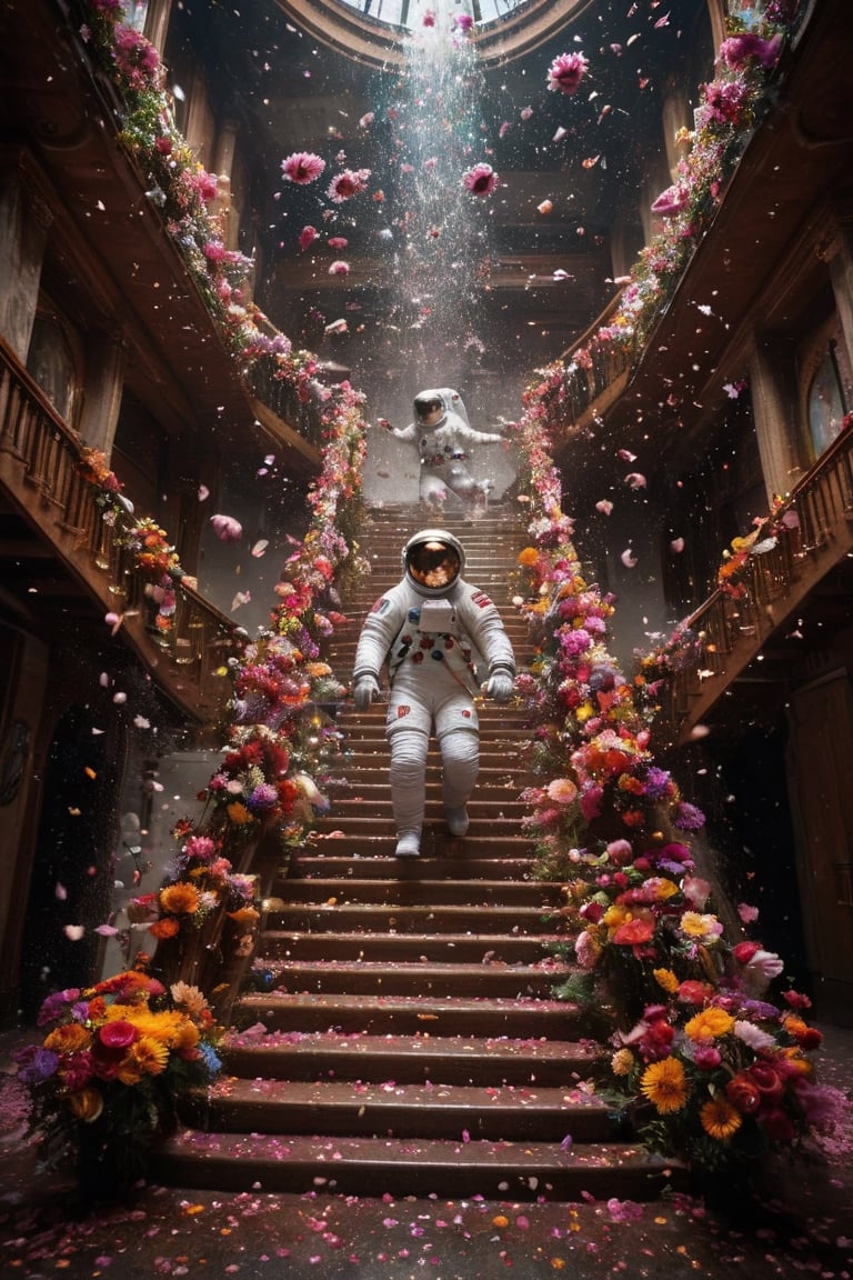1 man,Astronauts surrounded by flowers, Colorful flowers falling like a waterfall, a flood of petals, astronauts landing on a flower star,staircase,astronaut_flowers