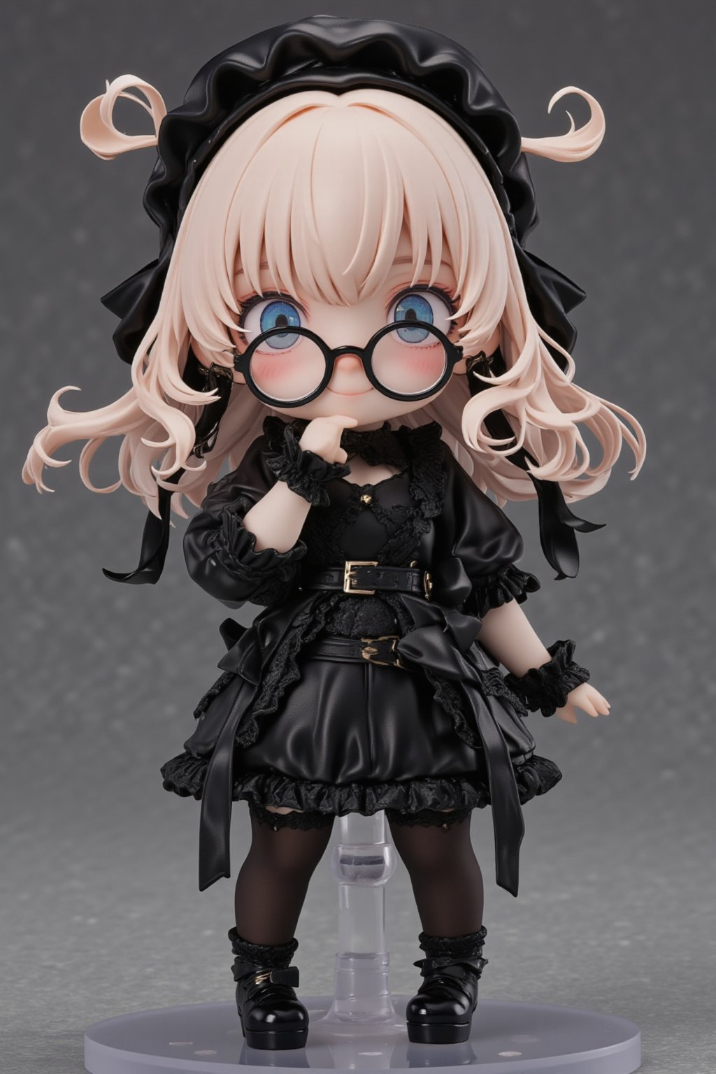 (Cute anime-style chibi figurine),3d figure,Nendoroid,
Create a highly detailed figure, a cute girl,cute smile,
she wears large glasses that protrude from her face,
Her outfit is Gothic Lolita style, featuring a black lace-trimmed dress with black ribbons and frills. She wears thigh-high stockings, black lace gloves, and platform shoes with ribbons,hair is styled in loose curls and adorned with a Gothic headdress,lyh,dal,create figure 2,