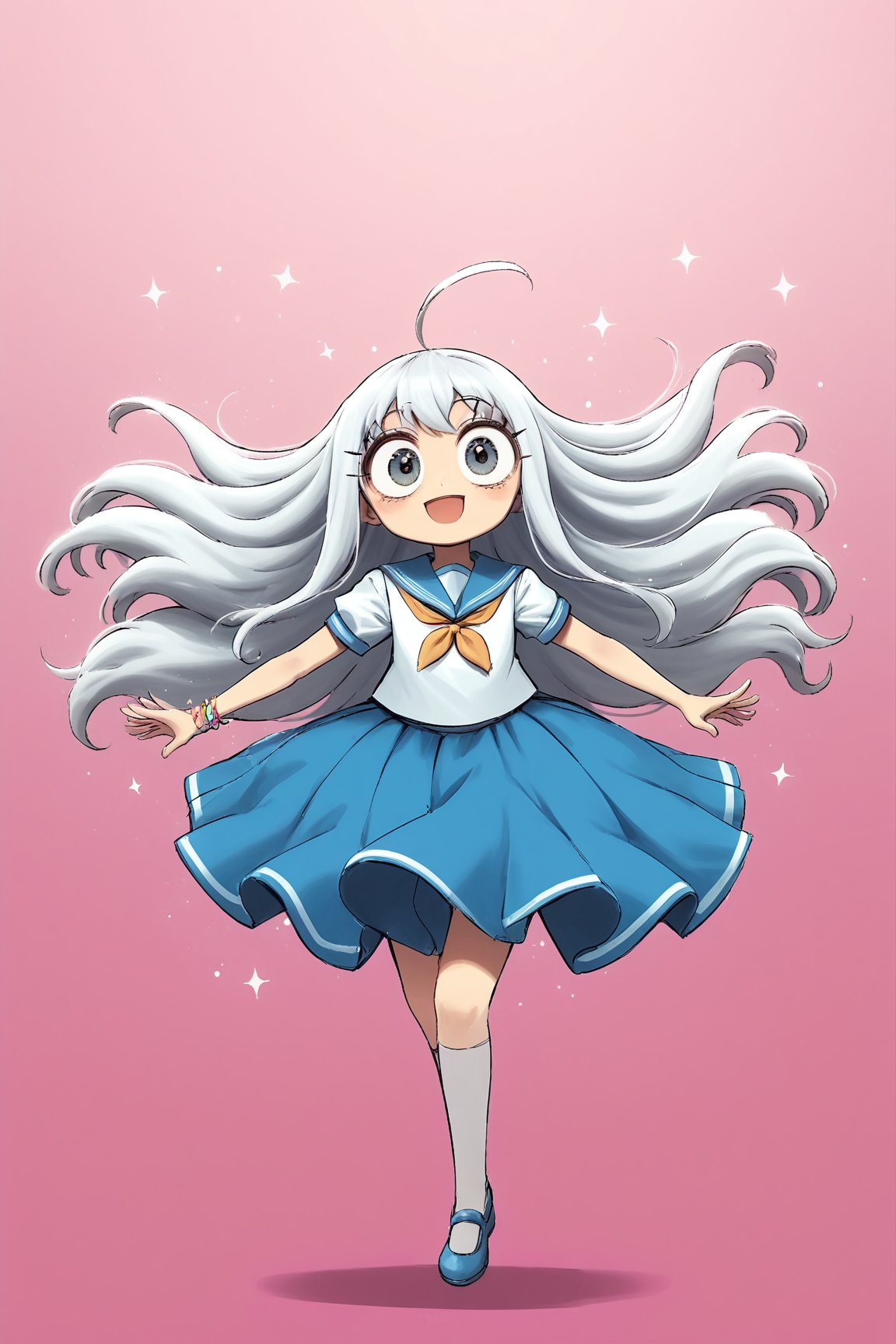 syoujyo manga illustration,featuring an extremely deformed,1Girl, glamorous girl in a sailor uniform,((The girl has exaggerated large eyes:1.5)), sparkling with excitement and an over-the-top, cheerful expression. Her sailor uniform is brightly colored with bold, contrasting hues and glittering accents. She has voluminous flowing hair, adorned with cute accessories like bows and stars.,gloriaexe,txznf,aestheticfi, ,Mangamast3r