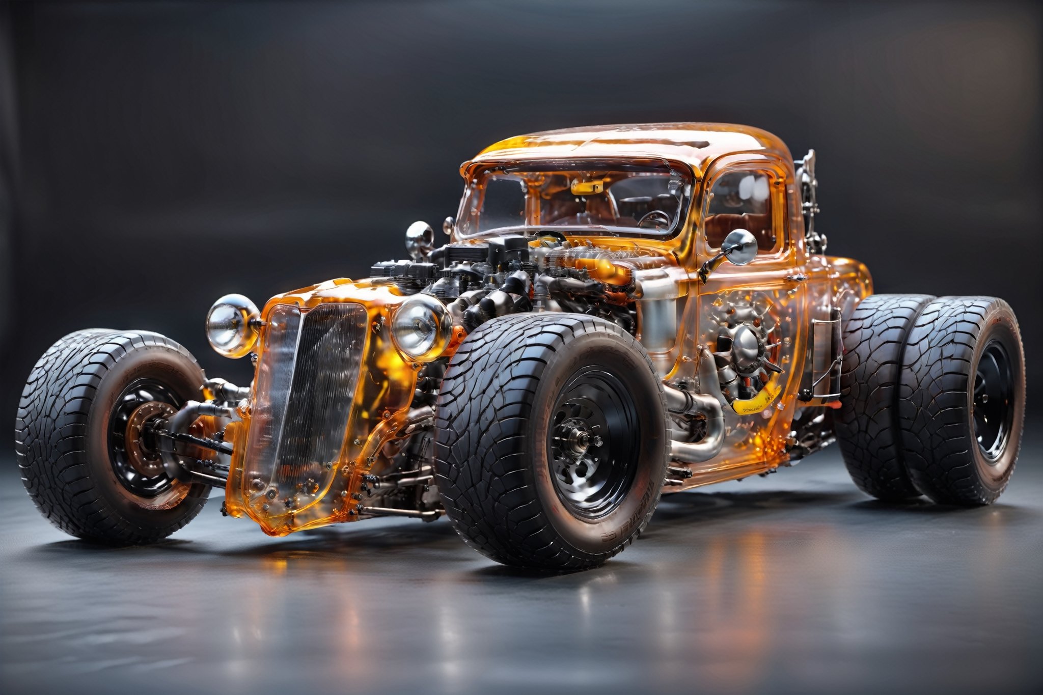 realistic photo,ultra translucent body car,extremely detailed,Glass made ultra Detailed translucent high-tech style hot rod,four-cylinder engine, turbo, wide tires,bigger wheels, giger,rat_rod,Clear Glass Skin