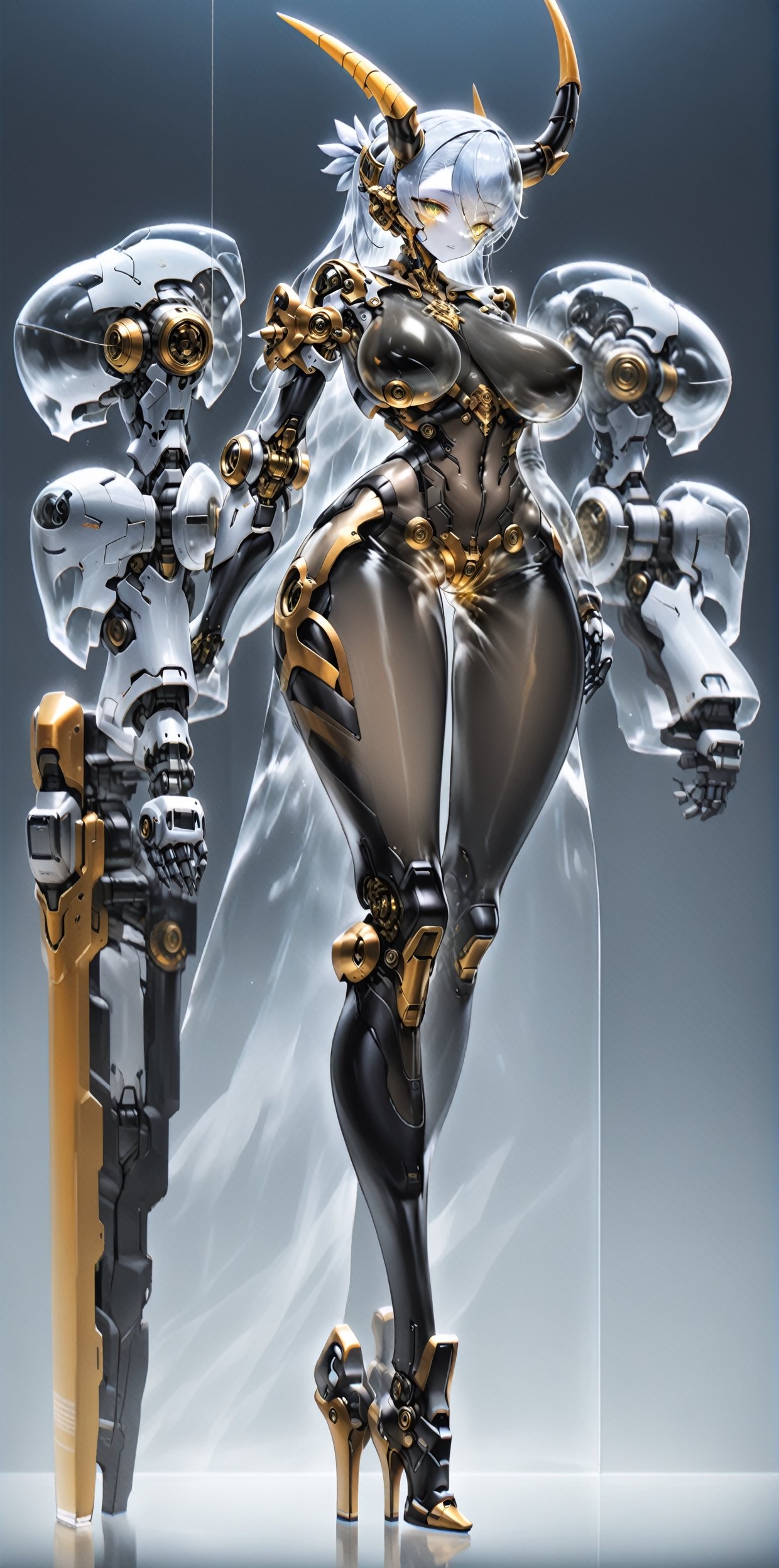 albino robot Girl, (long intricate horns:1.2),Giant weapon arms, adorned with ((transparent body parts)),(gold  breast), revealing the intricate machinery inside, giant robotic weapon, smooth and angular design despite transparent parts, pulsating energy and intricate circuitry visible through transparent body parts,high heels,Elegant curvaceous beauty,robot, mechanical arms,Glass Elements,Clear Glass Skin,hubg_mecha_girl,skinbodysuit,Blue Backlight,cyborg,bodysuit,breast bags