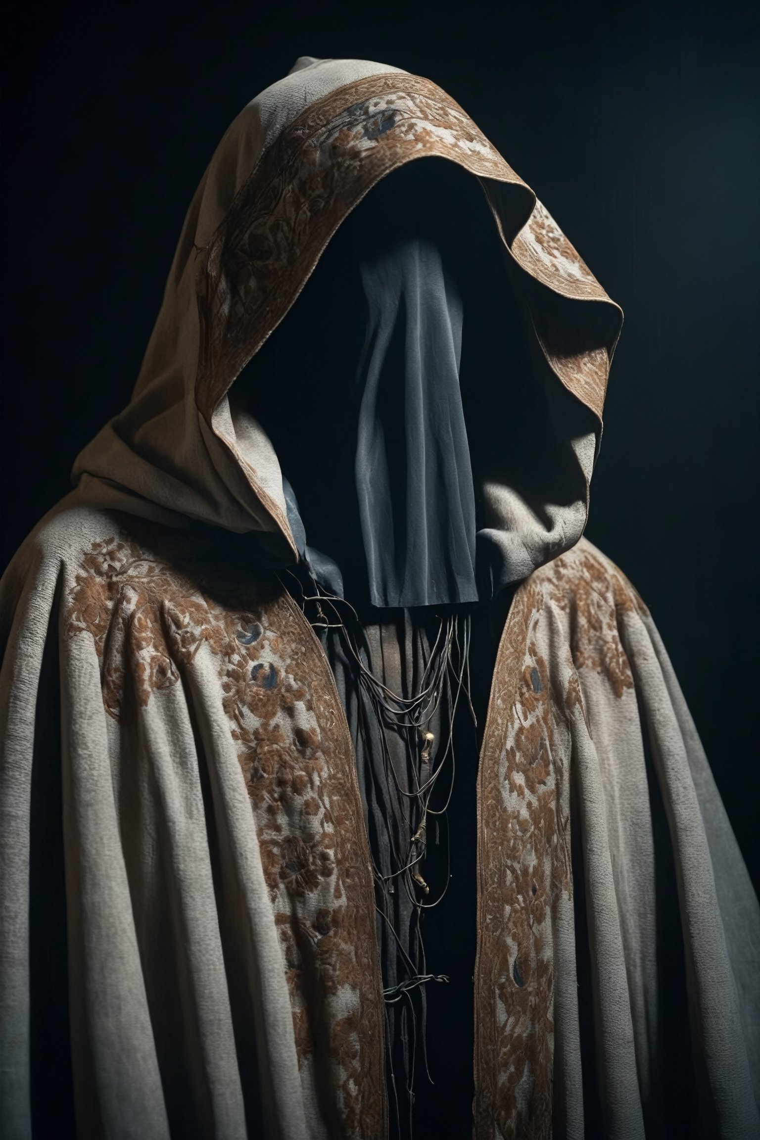 An elderly mannequins dressed in a weathered cloak adorned with traditional Slavic embroidery,((face hidden in the shadows:1.8)),
 His face is mostly obscured by the folds of the robe, but his long beard peeks out from beneath,Despite his advanced age, there's a sense of mystery and wisdom emanating from him, hinting at a lifetime of experiences and stories hidden within.,Hollow,
black wire mannequins