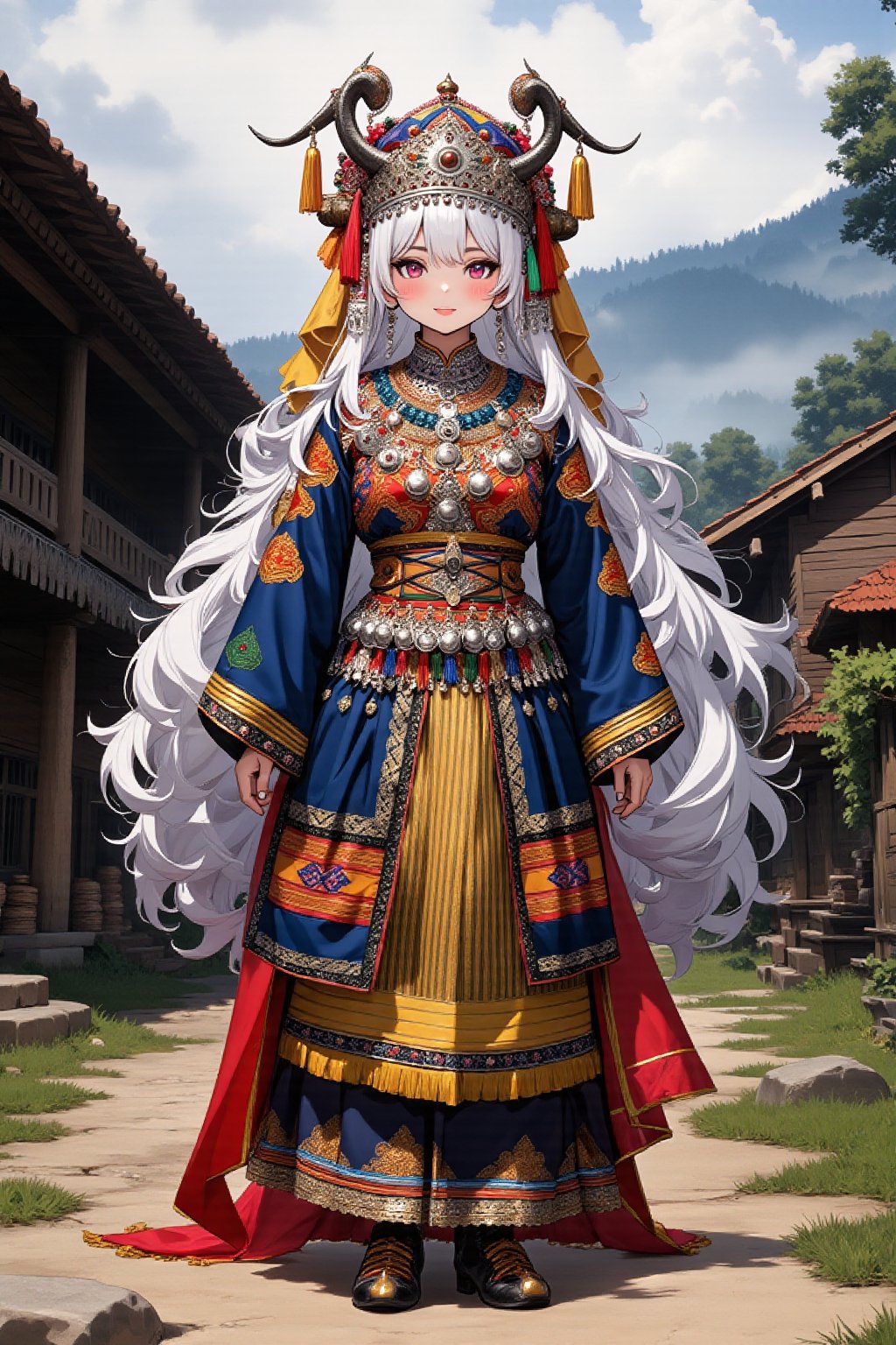 anime style,1Girl,A young albino Demon girl,goat horns,pale White skin,pure White long wave Hair,
 in northern Thailand wearing an opulent traditional bridal costume. Vibrant, multi-layered outfit with intricate embroidery and silver coin decorations. Elaborate headdress adorned with colorful tassels, beads, and dangling silver ornaments. Heavy silver necklaces and large earrings frame her face. Richly embroidered jacket in deep indigo with geometric patterns in red, yellow, and green. Wide pleated skirt with bold horizontal stripes and detailed needlework. Ornate silver belt with hanging charms. Embroidered apron with intricate designs. Legs wrapped in indigo leggings with embroidered ends. Traditional cloth shoes with pointed toes. She stands in a misty mountain village with traditional Hmong houses in the background,1girl,lyh,adrr-tsfft