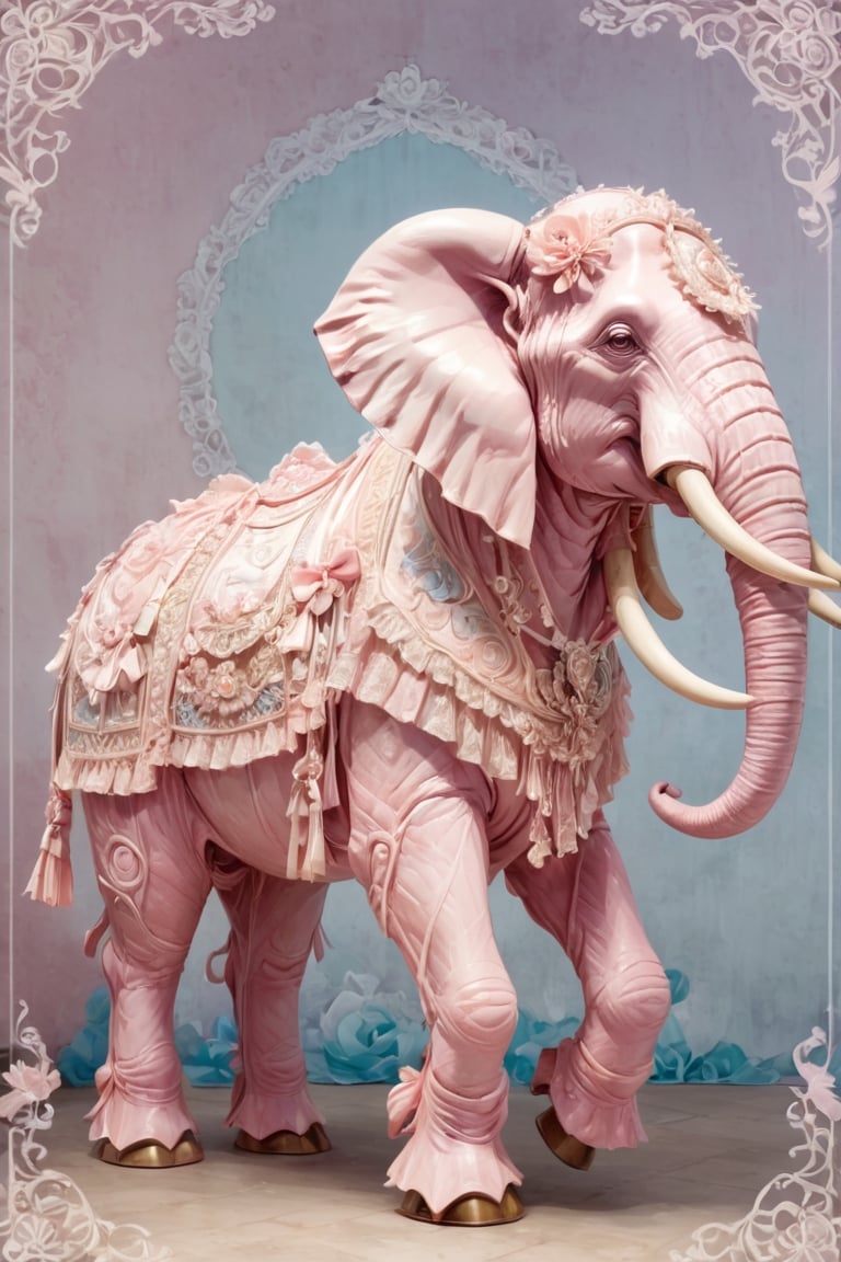 Picture a mammoth transformed into a Pink Lolita masterpiece. Its massive frame draped in layers of frilly lace and satin ribbons, with delicate bows adorning its tusks and trunk. The mammoth's fur is dyed in soft pastel shades of pink and White, lavender, and baby blue, creating a whimsical and enchanting appearance. As it roams through the prehistoric landscape, the Pink Lolita mammoth radiates charm and elegance,