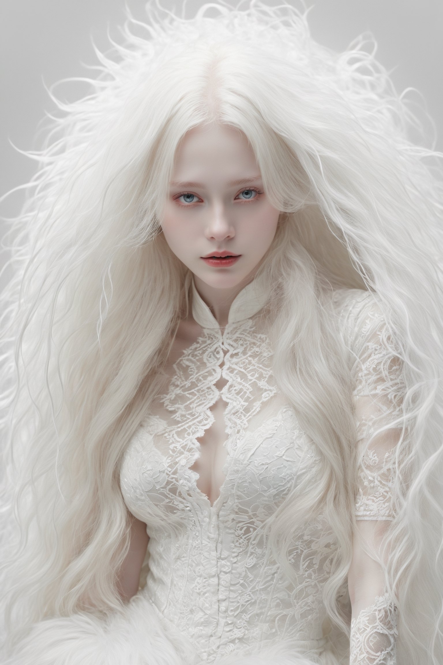 (best quality, 4k, 8k, highres, masterpiece:1.2), A creepy yet intriguing digital illustration portrait of a albino pale young girl, pure white hair,
psychedelic long hair, She wears a seductive white lace outfit with white fur accents, embodying the essence of allure and sensuality, ,valent_1314