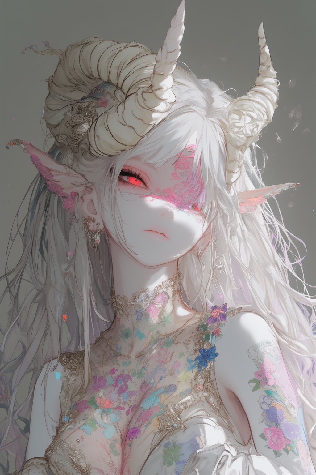 Albino demon girl, pale white skin, vibrant red eyes. Iridescent glitter tattoos covering face and body, swirling patterns in neon pink, electric blue, and vivid purple. Elegant Rococo-style lace bodysuit, intricate floral patterns, pastel colors with gold trim. Goat-like horns sprouting from forehead, ivory color with subtle spiral texture. Long, flowing white hair with pearlescent sheen. Delicate pointed ears adorned with dangling crystal earrings. Softly glowing aura surrounding her figure. Hyper-detailed skin texture, 8K resolution, studio lighting with soft focus effect.,ct-skyzo_identity