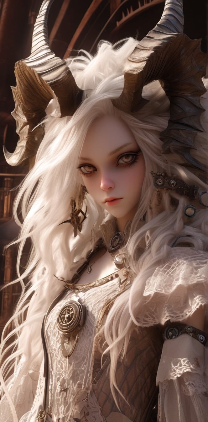 1 girl, (masterful), albino demon girl with lethargic sleepy smokey eyes,(white dreadlocks hair),((horizontal elongated pupils)),mesh fishnet blouse, (long intricate horns:1.2) ,
best quality, highest quality, extremely detailed CG unity 8k wallpaper, detailed and intricate, 
,steampunk style,Glass Elements