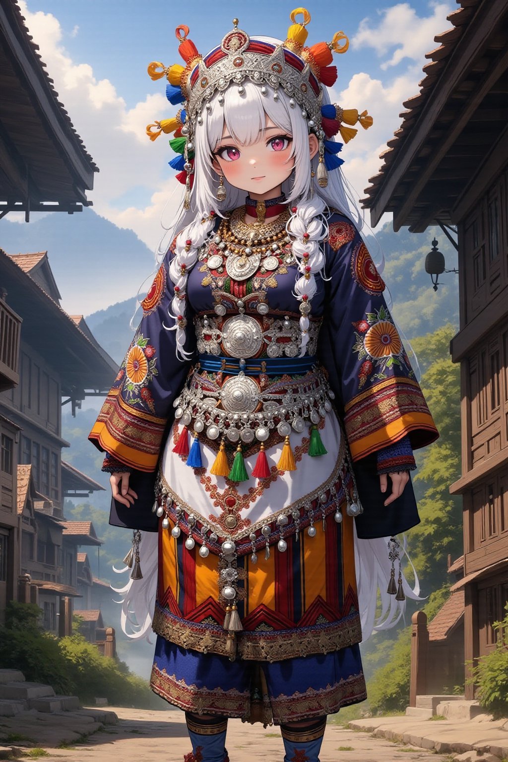 anime style,1Girl,A young albino Demon girl,goat horns,pale White skin,pure White long wave Hair,
 in northern Thailand wearing an opulent traditional bridal costume. Vibrant, multi-layered outfit with intricate embroidery and silver coin decorations. Elaborate headdress adorned with colorful tassels, beads, and dangling silver ornaments. Heavy silver necklaces and large earrings frame her face. Richly embroidered jacket in deep indigo with geometric patterns in red, yellow, and green. Wide pleated skirt with bold horizontal stripes and detailed needlework. Ornate silver belt with hanging charms. Embroidered apron with intricate designs. Legs wrapped in indigo leggings with embroidered ends. Traditional cloth shoes with pointed toes. She stands in a misty mountain village with traditional Hmong houses in the background,1girl,lyh,adrr-tsfft