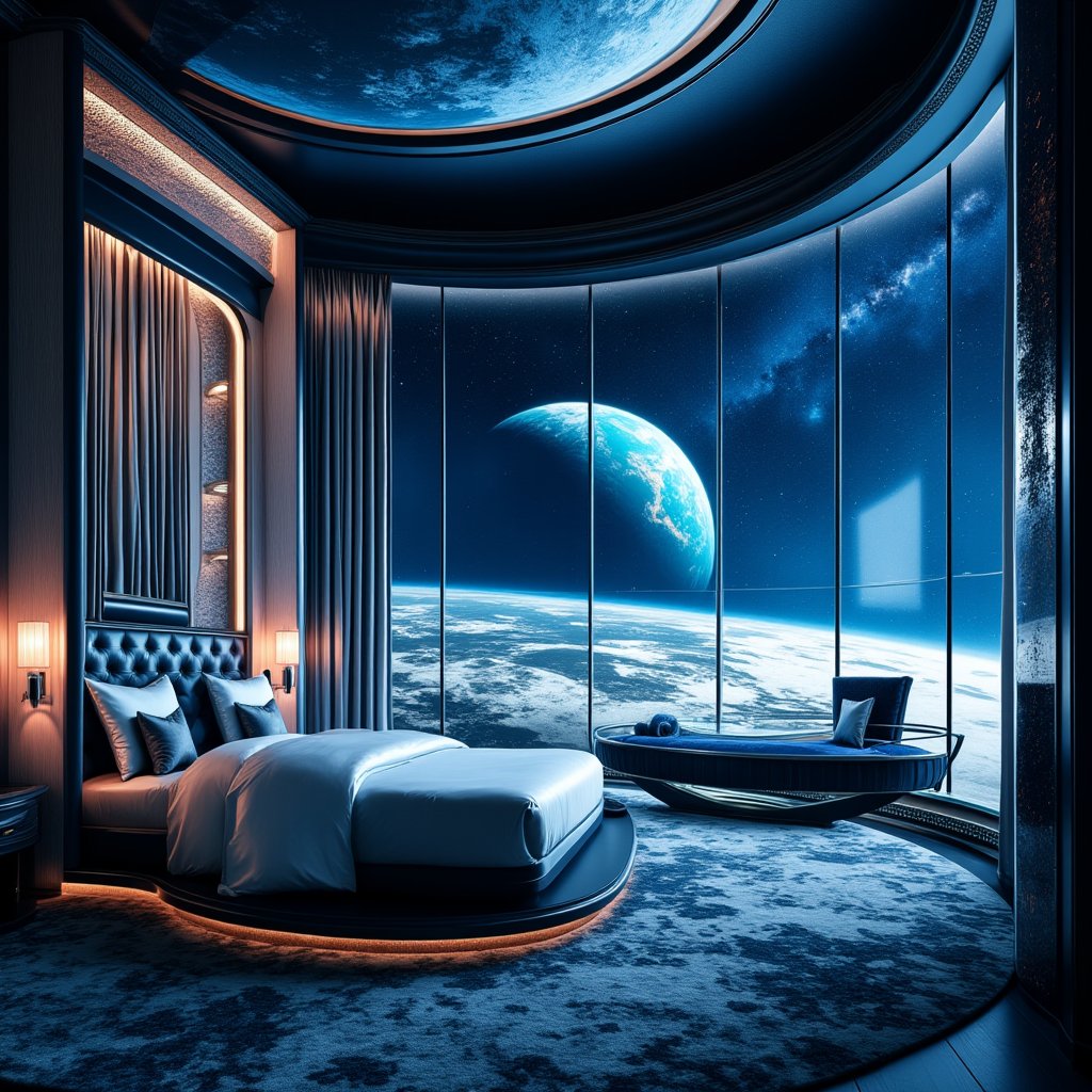 
"Opulent lunar hotel suite with sleek, futuristic design. Expansive floor-to-ceiling windows dominate one wall, offering breathtaking views of star-studded space and the luminous blue Earth suspended in the void. Plush, gravity-adjustable king-size bed with silky silver sheets and a hovering canopy.
Walls adorned with interactive holographic art displays showing cosmic phenomena. Floating orb lights mimicking celestial bodies illuminate the room. Luxurious bathroom features a zero-gravity shower enclosure and a levitating bathtub filled with oxygenated liquid.
Lounge area with low-gravity seating pods upholstered in shimmering fabric. Smart glass coffee table doubles as a 3D star map. Minibar stocked with exotic space-cultivated delicacies and cocktails in anti-gravity spheres.

Private airlock leads to a personal observation deck with telescopes and augmented reality stargazing equipment. Climate-controlled atmosphere replicates Earth's most perfect day.,FuturEvoLabRoom