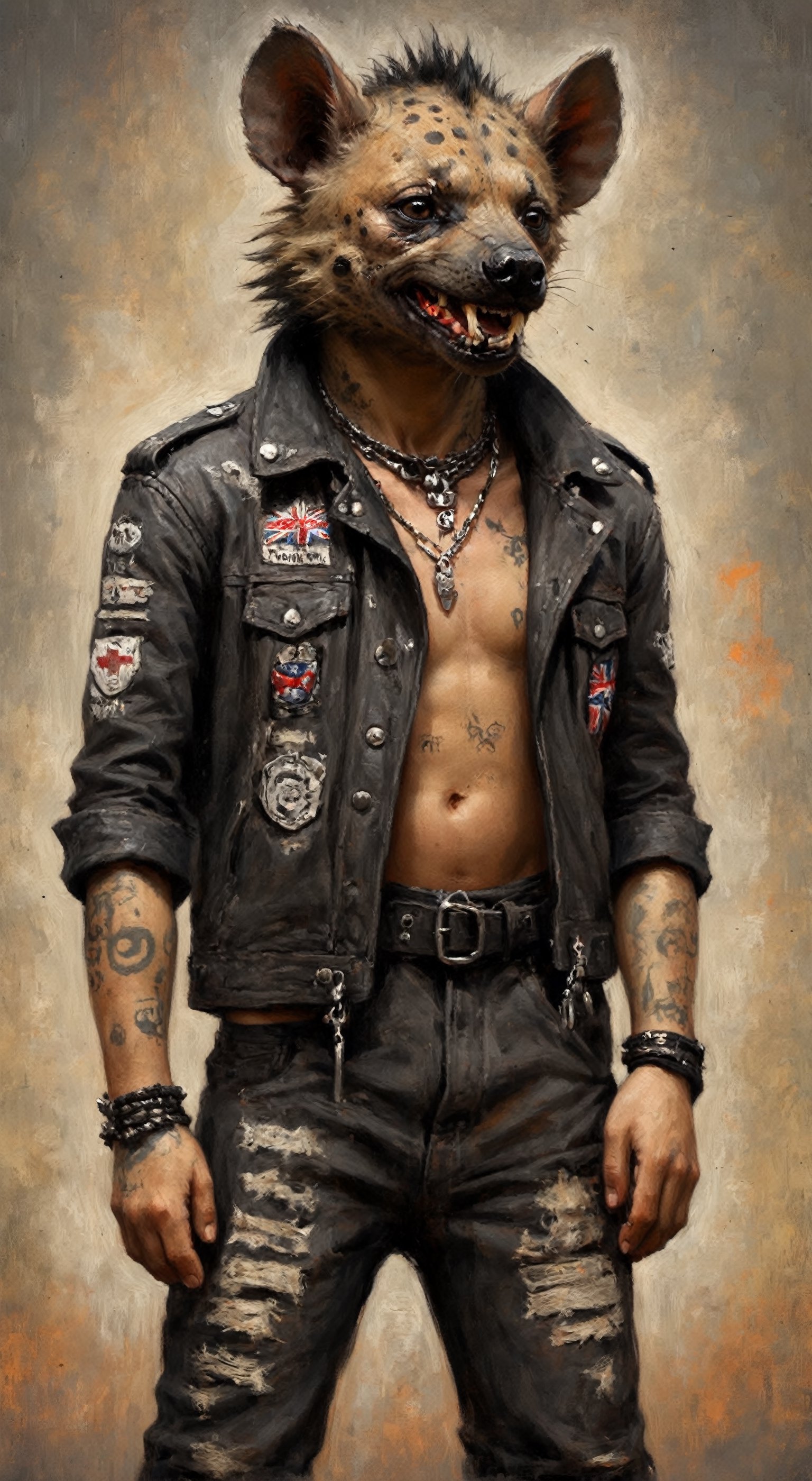 (grunge texturet),Perfect POP art,punk rock street art,
((solo)),wild Male hyena,hyena head man,
 sporting Gothic punk fashion, Piercings adorn its ears, and a studded collar embraces its neck,
Septum Piercing, more Coal, Ratty dreads, More patchs, Crust core, anti union flag design, dirty torn studded Spikes leather jacket, hardcore Punk Style jacket, lot Punk badge,military boots,
The hyena's fur showcases a mix of dark, edgy patterns, while a shredded, asymmetrical punk-style jacket adds a rebellious touch. Stylized spikes along its spine create a fierce silhouette, and smudged black eyeliner accentuates its untamed gaze. This hybrid of Gothic and punk elements transforms the hyena into a unique and striking symbol of alternative fashion and wild individuality,Movie Poster,artint,oil painting,hmnzct,GothEmoGirl