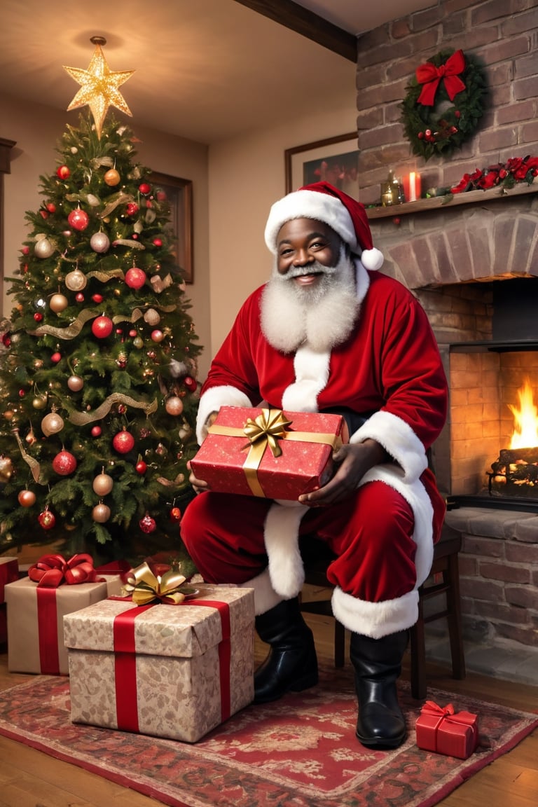 black Santa Claus leaving a present in front of a chimney, lovely living room decorated with Christmas decorations, extremely detailed, rosy cheeks, happiness, christmas spirit