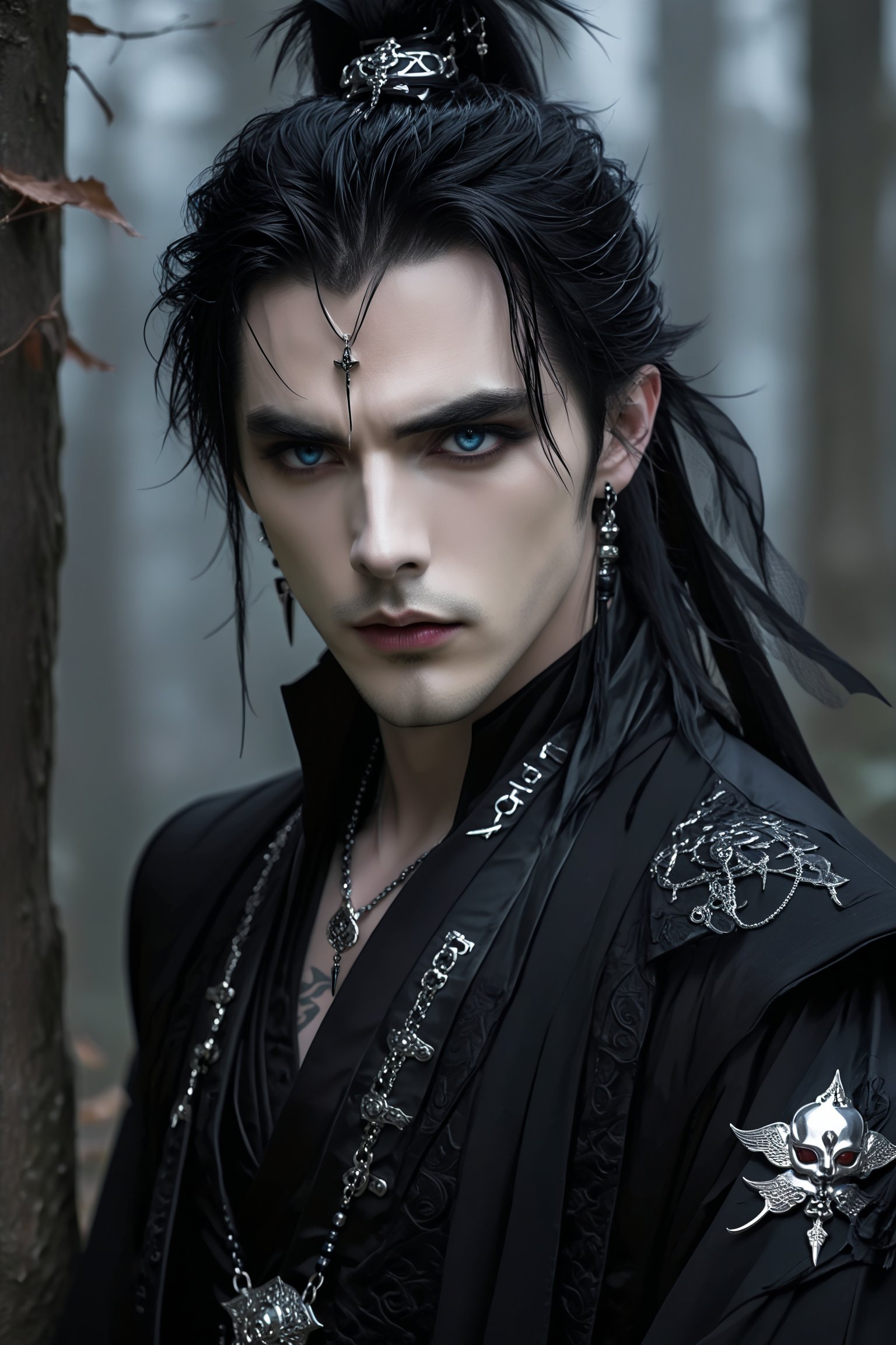 1man,((strikingly handsome French man)), Japanese-inspired gothic horror fashion, deep-set blue eyes and a strong jawline, and a modernized black kimono-style jacket that opens at the chest to reveal her pale skin. button. Tight black leather pants and platform boots with silver buckles. His ears have multiple piercings, including dangling earrings shaped like lanterns. Dark and smoky eye makeup emphasizes his gaze,.,goth person,black cloak,grey hair,male focus